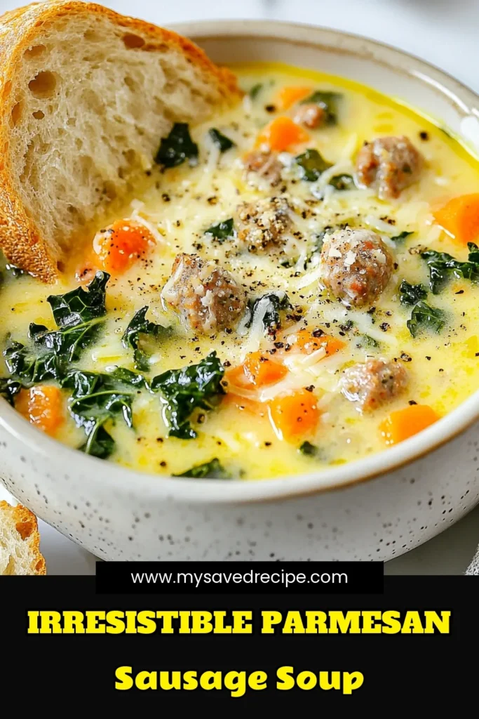 Warm up with this Savory Sausage Soup that's perfect for your next meal! This creamy vegetable soup, featuring rich Parmesan cheese, is a delightful Italian sausage recipe that your family will love. Packed with veggies and loads of flavor, it's the ultimate hearty soup recipe for any occasion. Don't miss out on this comforting dish—pin it now and try it tonight! #SausageSoup #ParmesanCheese #ItalianSausage #HeartySoup