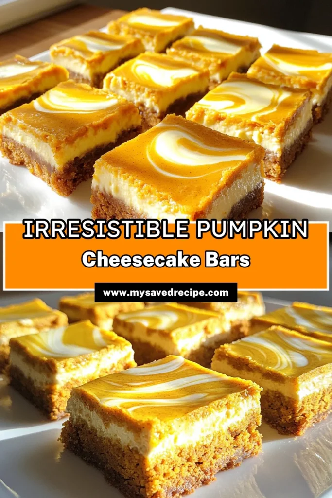 Indulge in the perfect fall treat with these Pumpkin Cheesecake Cookie Bars! Combining a rich pumpkin cookie layer and a creamy cheesecake topping, this dessert is a must-try for any pumpkin lover. Easy to make and utterly delicious, these bars are sure to impress at your next gathering. Click through for the full recipe and delight your taste buds! #PumpkinCheesecake #FallBaking #DessertRecipes #PumpkinSpice