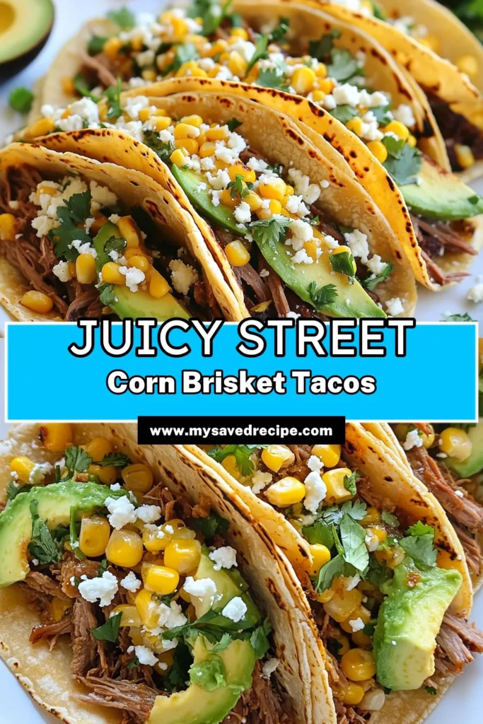 Craving a delicious twist on taco night? Try these Street Corn Brisket Tacos! This easy taco recipe combines tender shredded brisket with fresh corn, creamy street corn sauce, and zesty toppings for an unforgettable meal. Perfect for gatherings or a quick dinner, these Mexican street corn tacos are a must-try. Whip up this brisket taco recipe in just 30 minutes! Save this for your next taco night! #StreetCornBrisketTacos #EasyTacoRecipes #MexicanStreetCornTacos #GrilledCornTacos