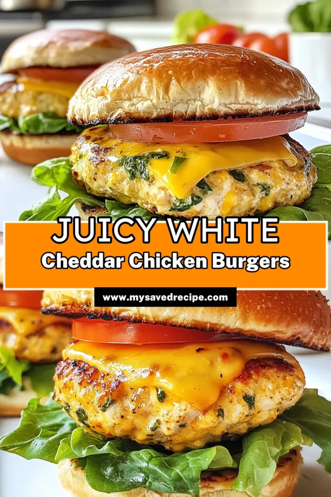 Indulge in these delicious white cheddar chicken burgers that are packed with flavor and healthy goodness! This spinach chicken burger recipe is perfect for anyone looking to enjoy grilled chicken burgers without the guilt. With ground chicken, fresh spinach, and melty white cheddar, these burgers are a must-try. Ready in just 30 minutes, they’re ideal for busy weeknights. Click to save and enjoy healthy chicken burger bliss! #WhiteCheddarChickenBurgers #SpinachChickenBurgerRecipe #HealthyChickenBurger #GroundChickenRecipes