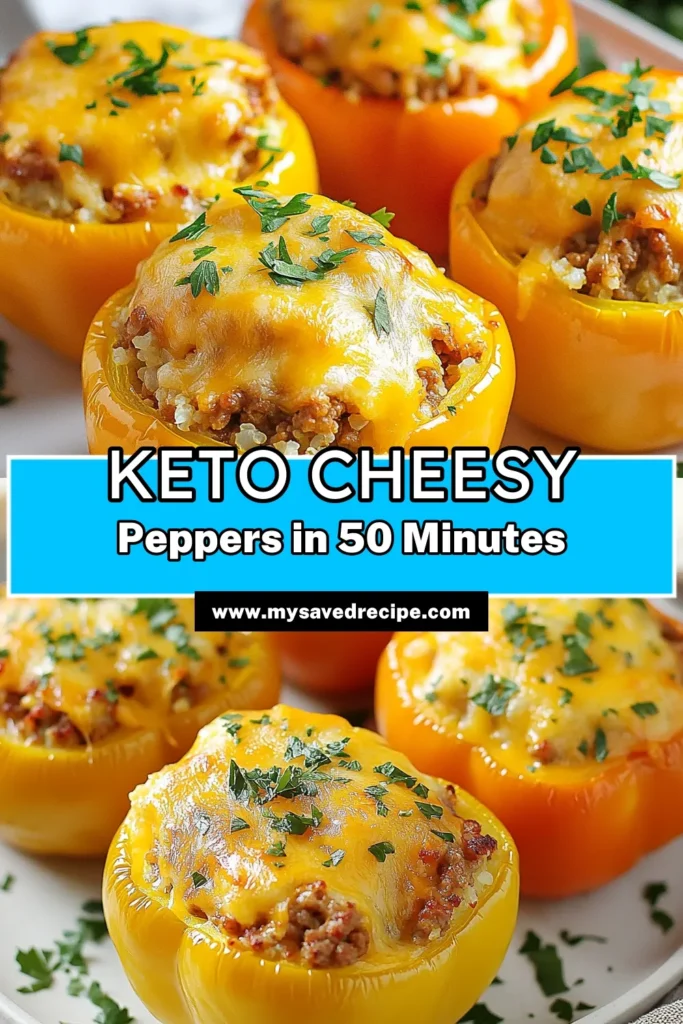 Discover the deliciousness of Keto stuffed bell peppers with this cheesy stuffed peppers recipe! Made with ground turkey and cauliflower rice, this low carb bell pepper recipe is perfect for your healthy lifestyle. Enjoy the rich flavors of savory meat and gooey cheese, all in a colorful bell pepper. Try these nutritious ground turkey stuffed peppers today! Save and share with friends! #KetoRecipe #HealthyEating #LowCarb #MealPrep