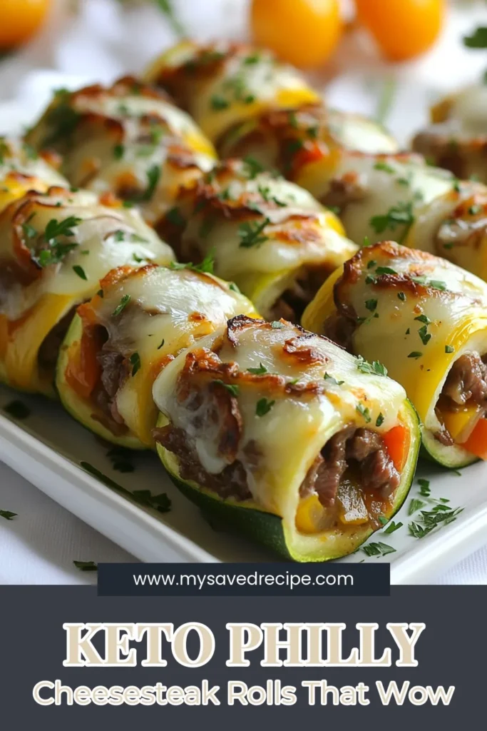 Discover this mouthwatering Keto Philly Cheesesteak Rolls recipe that transforms classic flavors into a low carb delight! Made with tender ribeye steak, sautéed peppers, and melty cheese, these zucchini rolls are the perfect easy Keto dinner recipe. Enjoy a satisfying low carb cheesesteak without the guilt. Save this zucchini rolls recipe for a delicious meal tonight! #KetoRecipes #LowCarb #Cheesesteak #ZucchiniRolls
