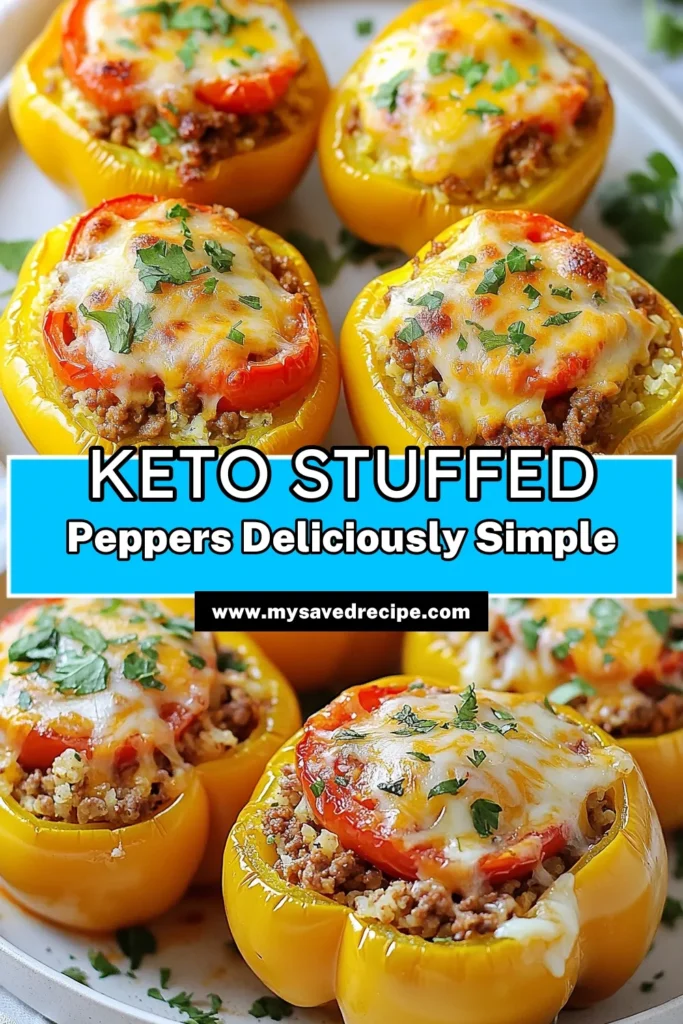Indulge in these delicious Keto stuffed bell peppers for a healthy twist on dinner! Packed with seasoned ground turkey, cauliflower rice, and topped with gooey cheese, this low carb stuffed peppers recipe is a family favorite. Perfect for meal prep and easy to make, these ground turkey stuffed peppers are both nutritious and satisfying. Try this healthy bell pepper recipe tonight and savor every bite! Save for later! #KetoRecipe #LowCarbCooking #HealthyEating #StuffedPeppers