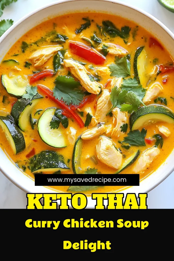 Discover the deliciousness of Thai chicken curry soup with this easy keto Thai soup recipe! This low-carb curry soup is made with juicy chicken breast, coconut milk, and a blend of fresh veggies for a spicy keto chicken soup that warms you from the inside out. Perfect for meal prep or a cozy dinner, give it a try and savor the rich flavors. Save this coconut milk chicken soup recipe for later! #KetoRecipes #ThaiCurry #LowCarbMeals #SoupLovers