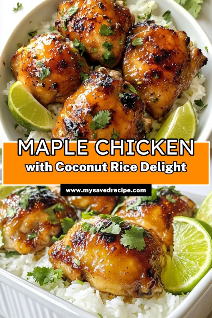 Discover the delicious flavors of this Maple-glazed chicken recipe paired with aromatic coconut rice! This easy chicken thighs dinner features a flavorful maple syrup chicken marinade that will tantalize your taste buds. The creamy Thai coconut rice complements the savory chicken perfectly. Perfect for a weeknight meal or special occasion, add this recipe to your Pinterest board now! #MapleChicken #CoconutRice #EasyDinner #ChickenRecipes