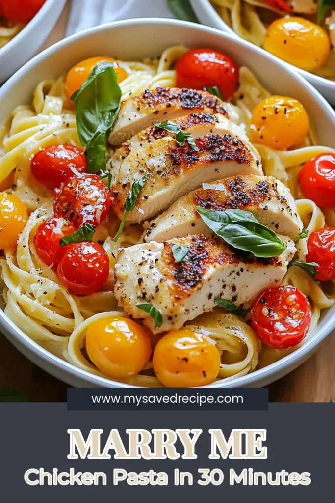 Discover the delectable Marry Me Chicken Pasta, the ultimate creamy chicken pasta recipe that will impress your loved ones. This easy chicken pasta dish features tender fettuccine with juicy cherry tomatoes enveloped in a luscious sauce. Perfect for a romantic dinner recipe, it's a delightful 30-minute meal. Try it tonight and watch your dinner become unforgettable! Save this recipe for later! #MarryMeChickenPasta #RomanticDinner #PastaRecipe #EasyDinnerIdeas