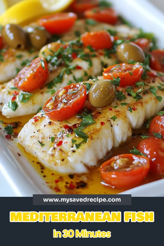 Discover how to make a delicious Mediterranean baked fish recipe that’s perfect for an easy fish dinner. This healthy baked fish combines fresh ingredients like lemon, garlic, and cherry tomatoes to create a vibrant Mediterranean seafood dish. Enjoy this flavorful lemon garlic fish recipe in just 30 minutes! Save this recipe for a quick weeknight meal. #MediterraneanBakedFish #HealthyBakedFish #EasyFishDinner #SeafoodRecipe