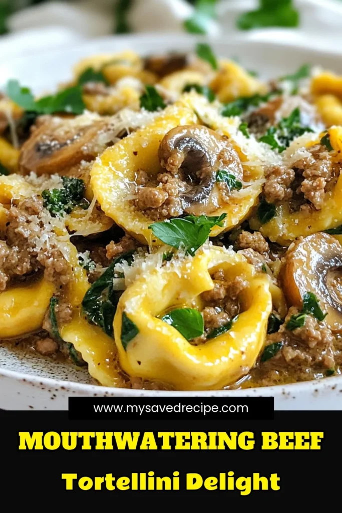Looking for an easy tortellini dinner? Try this beef mushroom tortellini recipe for a creamy tortellini with beef that's perfect for busy nights. This one-pot beef tortellini dish combines savory ground beef, mushrooms, and spinach in a rich sauce, making it an irresistible Italian beef mushroom meal. Save this delicious recipe for a quick weeknight dinner! #TortelliniRecipe #BeefMushroom #OnePotMeal #ItalianCuisine
