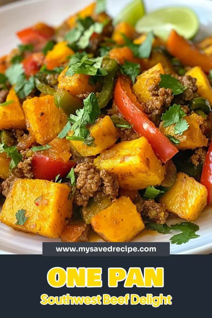 Discover the deliciousness of this Southwest beef skillet! This sweet potato skillet recipe combines ground beef and sweet potato for a flavorful, healthy southwest recipe. With colorful peppers and black beans, it's the perfect quick skillet dinner for busy nights. Whip up this easy meal in just 30 minutes and enjoy a wholesome dish your whole family will love. Save this Southwest beef and sweet potato skillet for your dinner rotation! #QuickDinner #HealthyRecipes #SkilletMeals #BeefRecipes
