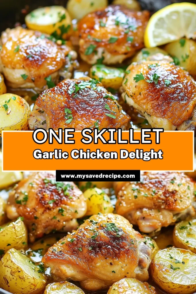 Looking for a delicious and easy chicken and potatoes recipe? Try this Garlic Butter Chicken and Potatoes Skillet! This one-pan chicken dinner combines tender garlic chicken thighs with crispy baby potatoes, all cooked in a rich garlic butter sauce. Perfect for a quick weeknight meal, this skillet meal with potatoes is sure to impress! Don't miss out, save this recipe now! #GarlicButterChickenSkillet #OnePanDinner #EasyRecipes #SkilletMeal