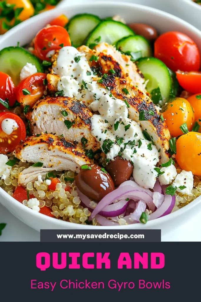 Transform your leftover chicken into a flavorful meal with these delicious Leftover Chicken Gyro Bowls. This gyro bowl recipe combines tender chicken, quinoa, fresh veggies, and a creamy tahini yogurt dressing, making it a star among healthy chicken bowls. Perfect for quick dinner recipes, you'll love how easy it is to create a nutritious quinoa chicken salad. Dive into your new favorite dish today! #leftoverchickenrecipes #gyro #healthyeating #dinnerideas