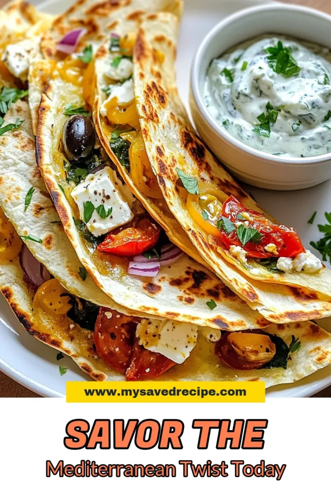 Try these delicious Mediterranean quesadillas for an easy vegetarian meal that packs a flavor punch! Made with spinach and feta cheese, sun-dried tomatoes, and olives, these healthy quesadilla recipes will satisfy your cravings. Perfect for any time of day, these simple yet tasty quesadillas are a must-try. Save this recipe for your next dinner! #MediterraneanQuesadillas #EasyVegetarianQuesadillas #SpinachAndFetaQuesadillas #HealthyQuesadillaRecipes