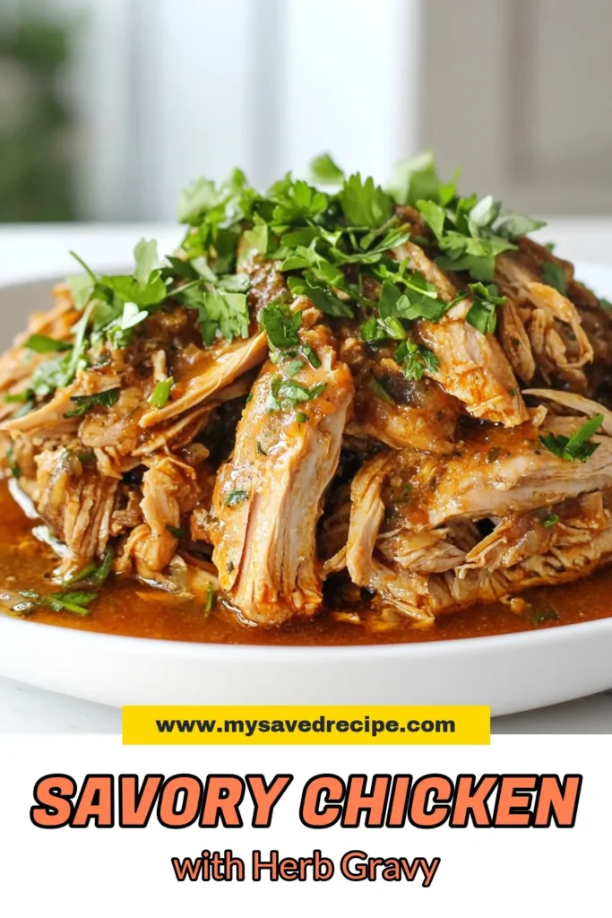 Indulge in this savory shredded chicken recipe with herb gravy that’s perfect for an easy chicken dinner! With tender chicken thighs simmered to perfection and a creamy herb gravy, this shredded chicken with gravy will elevate your weeknight meals. Ready in just 40 minutes, it's a satisfying dish your whole family will love. Try this creamy chicken recipe tonight and enjoy a comforting meal. Save this recipe for later! #ShreddedChicken #EasyDinner #ComfortFood #ChickenRecipes