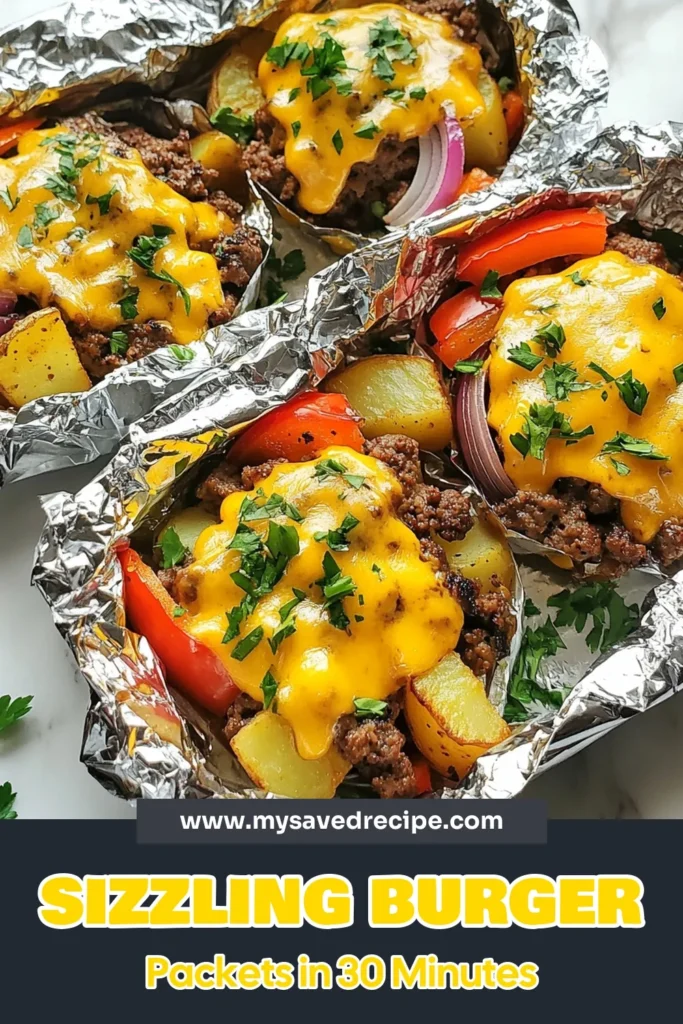 Discover the ultimate way to enjoy dinner with these sizzling burger foil packets! Perfect for busy nights, this grilled burger dinner recipe combines juicy ground beef, colorful bell peppers, and tender potatoes for a tasty meal. With melty cheddar cheese, these easy foil packet meals are not just delicious but also simple to prepare. Try this beef and vegetable foil packet recipe tonight! Save for later! #BurgerFoilPackets #GrilledDinner #EasyMeals #CheddarCheeseRecipe