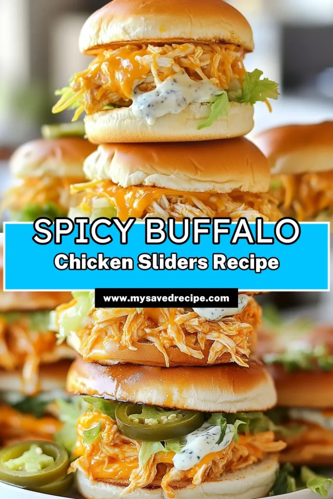 Looking for a game-day treat? Try these mouthwatering Buffalo chicken sliders! Perfect for sharing, these easy slider recipes feature shredded chicken smothered in spicy buffalo sauce, topped with creamy blue cheese and fresh celery. Ideal as shredded chicken appetizers, these spicy chicken sandwiches will wow your friends and family. Don’t miss out on this delicious buffalo sauce recipe—save it for your next gathering! #BuffaloChickenSliders #EasySliderRecipes #SpicyChickenSandwiches #BuffaloSauceRecipes