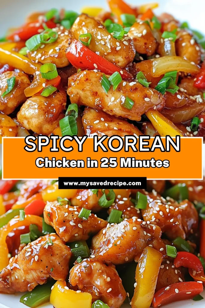 Discover the ultimate Korean spicy chicken stir fry that's quick and easy to make! This gochujang chicken recipe features tender chicken thighs sautéed with colorful bell peppers and a flavorful sauce, making it perfect for a quick Korean dinner. In just 25 minutes, enjoy a spicy chicken thigh recipe that's sure to impress your family. Save this recipe for your next weeknight meal! #KoreanCooking #ChickenRecipes #EasyDinners #SpicyFood