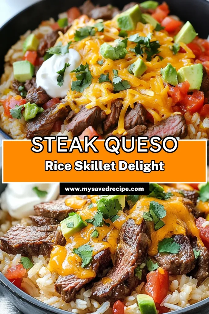 Looking for a delicious and easy weeknight meal? Try this Steak Queso Skillet recipe! This Flank steak rice dish combines tender steak with cheesy queso rice for a cheesy steak skillet meal that the whole family will love. It’s an easy beef and rice recipe made in one pan, perfect for busy nights. Get the recipe now and enjoy a flavorful one-pan queso rice dinner! Save for later! #SteakQueso #OnePanDinner #EasyRecipe #BeefAndRice