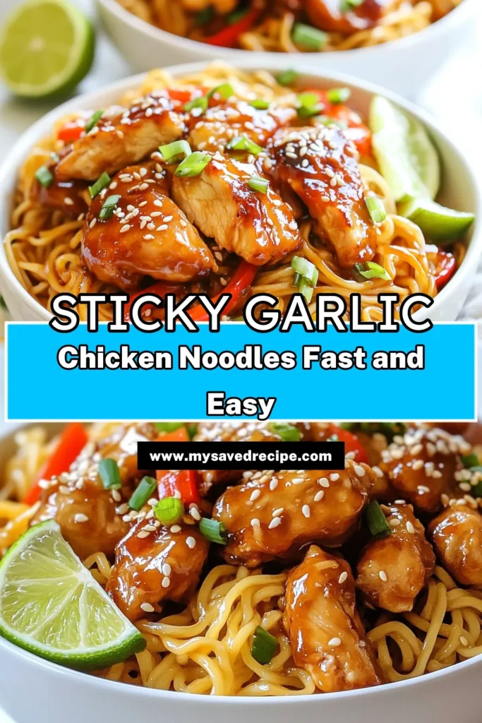 Try this delicious Sticky Garlic Chicken Noodles recipe for a quick chicken dinner that bursts with flavor! This easy stir fry noodles dish features tender egg noodles, juicy chicken, and a mouthwatering garlic sauce that brings it all together. Perfectly seasoned and ready in just 30 minutes, it’s an ideal option for busy weeknights. Don't miss out on this Asian garlic noodle dish – save this recipe now! #StickyGarlicChickenNoodles #QuickDinner #EasyStirFryNoodles #EggNoodlesRecipe