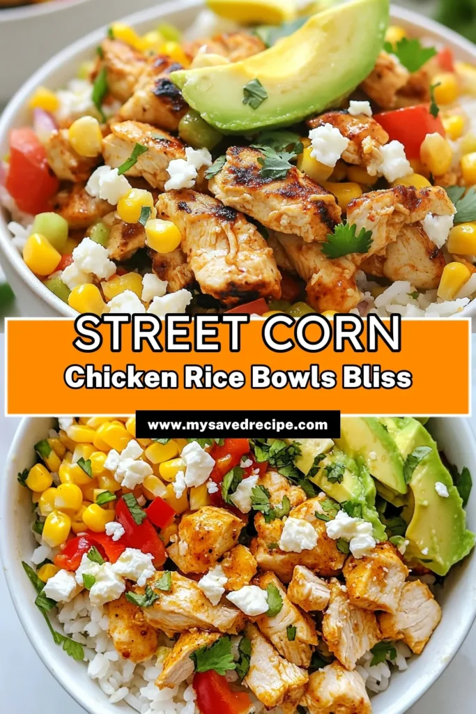 Discover the deliciousness of street corn chicken rice bowls with this easy chicken rice bowl recipe! Made with fluffy jasmine rice, tender chicken, and vibrant veggies, this healthy corn chicken recipe is perfect for any meal. Top it off with avocado and feta for a nutritious twist. Ready in just 30 minutes, it’s a flavor-packed dish the whole family will love. Try this avocado feta rice bowl today! #Foodie #HealthyRecipes #MealPrep #EasyDinner