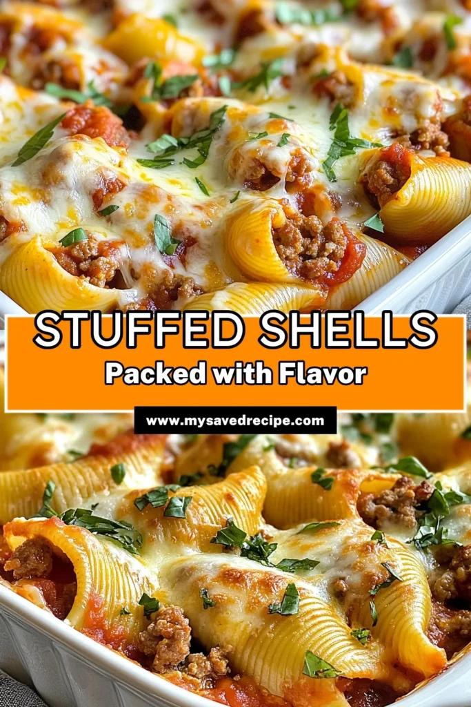 Indulge in these meaty stuffed shells, a hearty pasta dish that will satisfy your cravings! This Italian stuffed shells recipe features jumbo pasta shells filled with a delicious blend of ground beef, Italian sausage, and ricotta cheese, all baked to perfection with marinara sauce and gooey mozzarella. Perfect for family dinners or meal prep, these baked stuffed shells with meat will be a hit! Save this recipe for a tasty night in! #StuffedPastaShells #MeatyStuffedShells #PastaDishes #ItalianRecipes