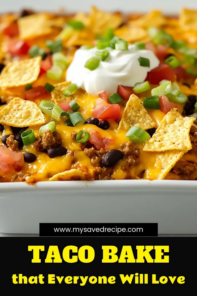 Savor the flavors of our Easy Taco Bake! This Taco Fiesta Bake is a deliciously simple way to enjoy an Easy Taco Casserole featuring ground beef, black beans, and vibrant toppings. Perfect for busy nights, this Ground Beef Taco Bake is one of the best Quick Dinner Recipes you'll find. Try this layered taco dip and see how easy dinner can be! Save this recipe for your next taco night! #TacoFiesta #QuickDinner #TacoCasserole #TacoBake