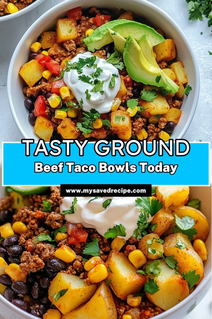 Create a delicious and satisfying meal with these Ground Beef Potato Taco Bowls! This easy taco bowl recipe combines flavorful ground beef with tender potatoes for a hearty beef and potato dinner. Customize with your favorite taco bowl toppings like cheese, avocado, and cilantro. Perfect for weeknight dinners in just 30 minutes! Try this potato taco recipe and enjoy a tasty meal your whole family will love. Save now for later! #TacoBowl #EasyDinner #RecipeIdeas #GroundBeef