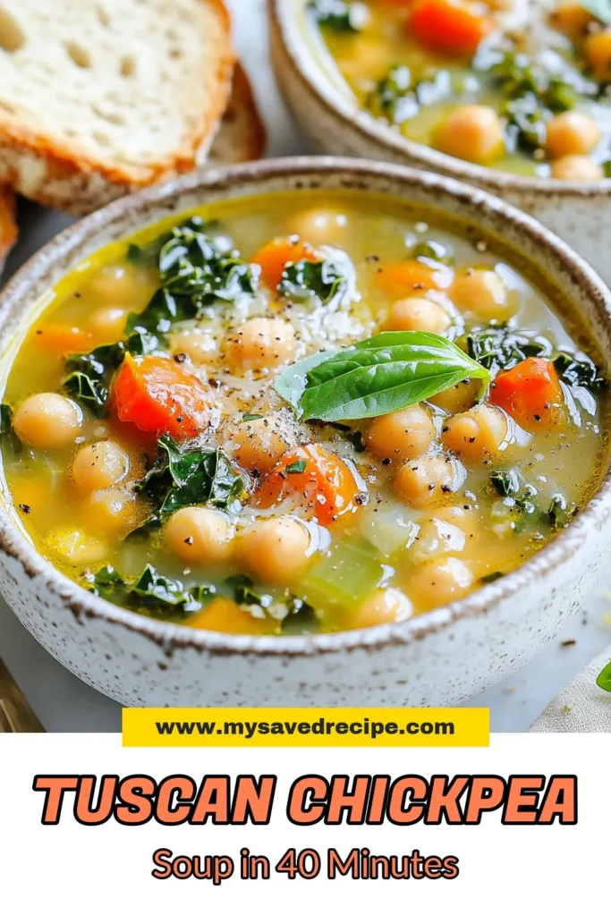 Discover the deliciousness of Tuscan chickpea soup, a perfect blend of hearty vegetables and nutritious chickpeas! This healthy chickpea recipe is ideal for cozy dinners and easy vegan meals. Packed with flavor, it’s one of the best vegetarian Italian dishes you'll ever try. Serve with crusty bread for a fulfilling meal. Save this recipe for a comforting bowl of goodness! #TuscanChickpeaSoup #HealthyRecipes #VegetarianItalian #VeganMeals