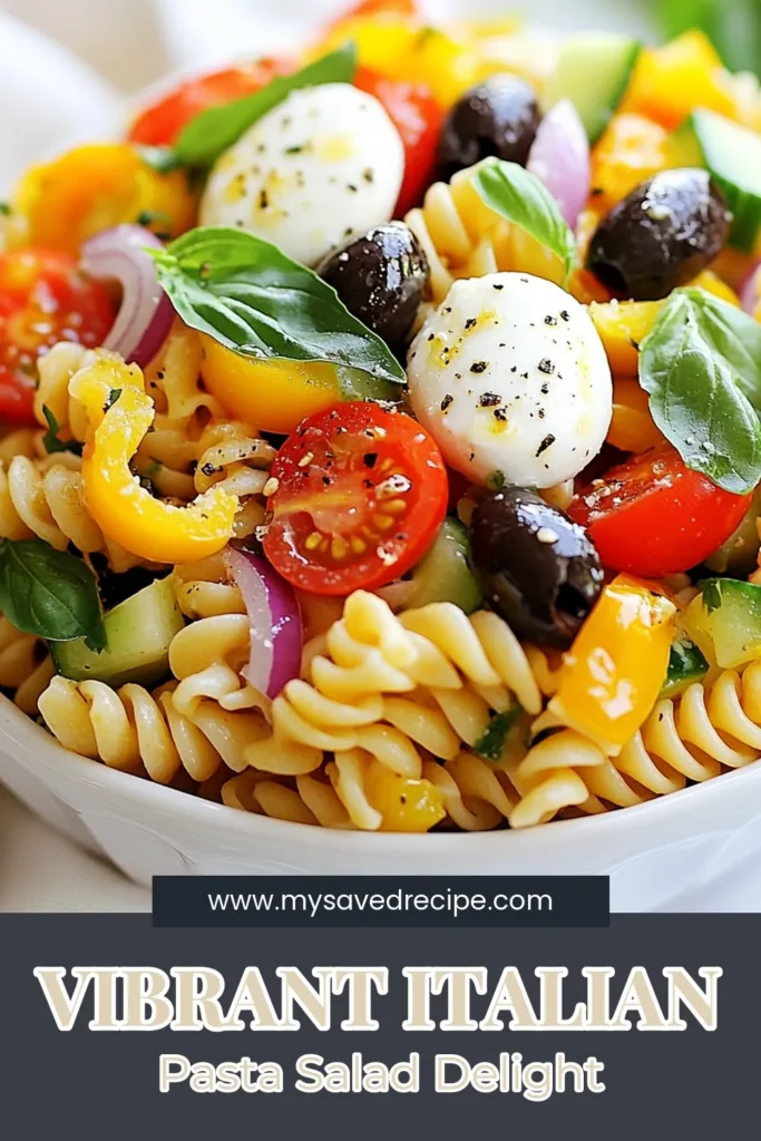 Looking for a refreshing dish? Try this Italian pasta salad with rotini pasta, bursting with fresh veggies! Perfect for summer gatherings, this Mediterranean pasta salad is not only delicious but also a healthy Italian salad option. Tossed in zesty Italian dressing, it's easy to make and packed with flavor. Serve it chilled and enjoy! Save this recipe for your next picnic! #ItalianPastaSalad #SummerPastaSalad #HealthyItalianSalad #MediterraneanPastaSalad