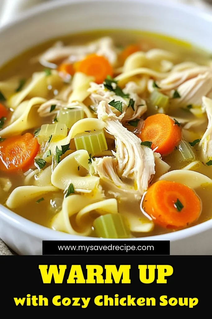 Warm up with this cozy Crockpot Chicken Noodle Soup, an easy chicken noodle soup recipe perfect for chilly days. This homemade chicken noodle soup is made with tender chicken, fresh veggies, and hearty egg noodles, all cooked in your slow cooker for a hands-off meal. Simply throw in your ingredients and let the slow cooker work its magic! Save this recipe for a comforting dinner tonight! #CrockpotChickenNoodleSoup #EasyChickenNoodleSoupRecipe #CozyChickenSoup #SlowCookerChickenSoup