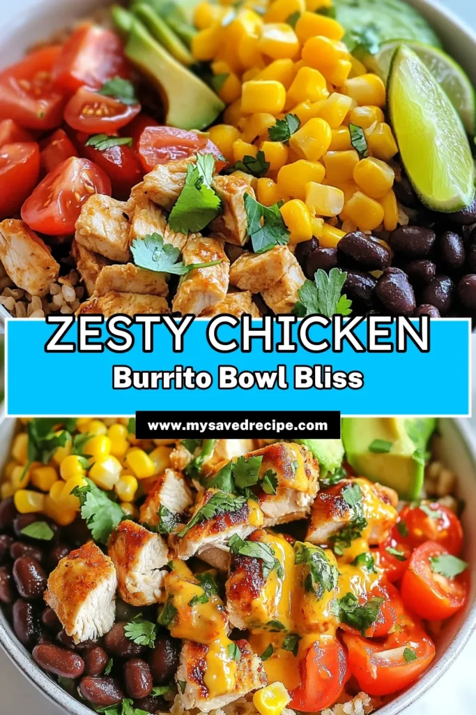 Discover the ultimate Zesty Chicken Burrito Bowl, a healthy burrito bowl recipe perfect for busy nights. This easy chicken burrito bowl features flavorful marinated chicken, nutritious brown rice, and colorful veggies, all in just 30 minutes! A great option for quick dinner recipes healthy enough for everyone. Try it today and elevate your meal prep! Save this recipe for your next dinner idea! #HealthyRecipes #ChickenBurritoBowl #EasyDinner #MealPrepIdeas