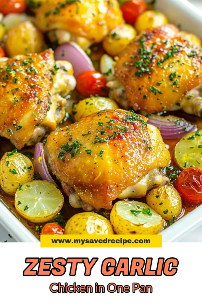 Discover the delightful flavors of zesty lemon garlic chicken with this easy sheet pan chicken recipe! Perfect for busy weeknights, this one pan chicken dinner features juicy roasted chicken thighs with vegetables, like red onions, baby potatoes, and cherry tomatoes. Ready in just 50 minutes, it’s the ideal meal for your family. Try this zesty lemon garlic chicken tonight and enjoy effortless cooking! Save this recipe now! #SheetPanDinner #EasyRecipes #LemonGarlicChicken #OnePanMeal