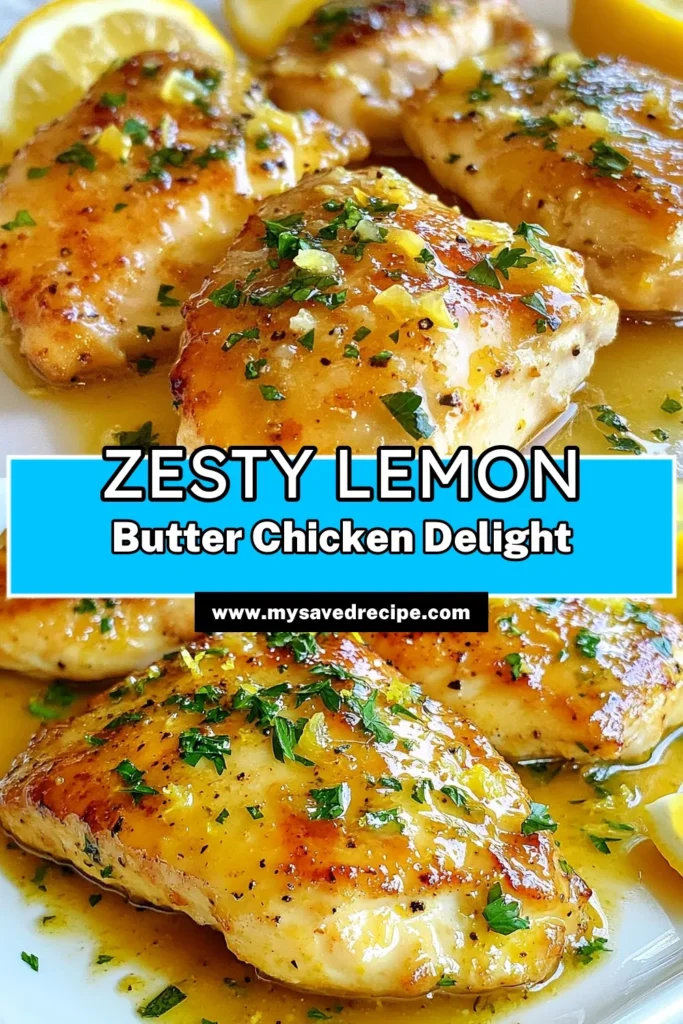 Indulge in this delicious Lemon Butter Chicken that's perfect for a quick weeknight meal. This easy chicken breast recipe features tender chicken bathed in a zesty garlic butter sauce, making it a delightful and flavorful dish. Ready in just 30 minutes, this quick lemon chicken recipe is ideal for busy families. Cook it tonight for a satisfying zesty chicken dinner that everyone will love! Save this recipe for later! #LemonButterChicken #EasyChickenBreastRecipe #GarlicButterChicken #ZestyChickenDinner