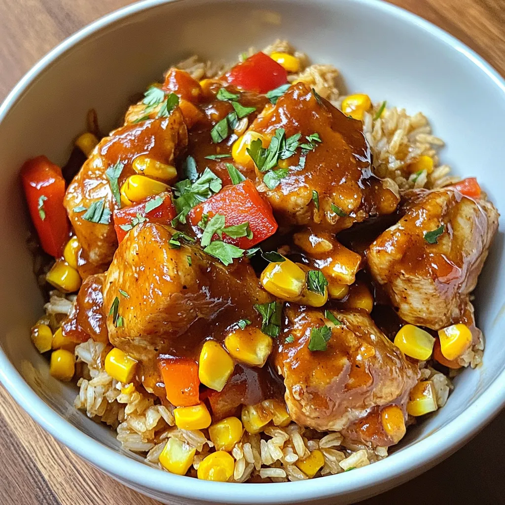 - 1 lb boneless, skinless chicken thighs, diced - 1 cup uncooked brown rice - 1 ½ cups chicken broth - ½ cup honey - ½ cup BBQ sauce (your choice) - 1 tablespoon olive oil - 1 red bell pepper, diced - 1 cup corn (frozen or fresh) - 1 small red onion, diced - 2 cloves garlic, minced - 1 teaspoon smoked paprika - Salt and pepper to taste - Fresh parsley or green onions for garnish Using boneless, skinless chicken thighs adds great flavor. They stay juicy and tender. Brown rice gives a nutty taste and is healthier than white rice. Feel free to mix in some fresh veggies. Diced red bell pepper adds color and crunch. Use low-sodium chicken broth to control salt levels. If you like a little kick, add some cayenne pepper. The honey and BBQ sauce mix brings sweetness and tang. You can pick any BBQ sauce you enjoy. You can swap chicken thighs for chicken breasts if you prefer. They will cook faster, so watch the time. If you want a veggie dish, use tofu or chickpeas instead of chicken. Try using quinoa instead of brown rice for a different taste. If you have other veggies, toss them in too! Broccoli or zucchini work well. Fresh herbs like cilantro or basil can also add a nice touch. {{ingredient_image_1}} First, grab a large skillet and set it on medium heat. Add one tablespoon of olive oil. Once the oil heats up, introduce one pound of diced, boneless chicken thighs. Season the chicken with salt, pepper, and one teaspoon of smoked paprika. Cook the chicken for about five to seven minutes. Stir it often to get an even brown color. The chicken should be cooked through and no longer pink inside. Next, it's time to add some color and flavor. Toss in one small diced red onion and two cloves of minced garlic. Cook this mixture for another two to three minutes. You want the onion to turn soft and translucent. This step builds a great base for your dish. In a small bowl, mix together half a cup of honey and half a cup of your favorite BBQ sauce. Pour this sweet and tangy mix over the chicken in the skillet. Sauté for an additional two minutes. This will let the flavors meld beautifully. Now, stir in one cup of uncooked brown rice, one cup of corn, and one and a half cups of chicken broth. Make sure the rice is well mixed and fully submerged in the broth. Bring the skillet to a gentle simmer. Reduce the heat to low, cover, and let it cook for about 30 to 35 minutes. The rice will absorb the liquid and become tender. Stir occasionally to avoid sticking. After cooking, remove the skillet from heat and let it sit covered for five minutes. Fluff the rice with a fork before serving. For juicy and tasty chicken, use boneless, skinless chicken thighs. They cook quickly and stay moist. Dice them into small pieces for even cooking. Heat your skillet over medium heat and add olive oil before adding chicken. Season with salt, pepper, and smoked paprika for extra flavor. Cook until browned and cooked through, about 5-7 minutes. Stir often to avoid burning. Use brown rice for a wholesome meal. It takes longer to cook but adds fiber. Combine uncooked rice with chicken broth in the skillet. Bring to a simmer, then lower the heat and cover. Let it cook for 30-35 minutes. Stir occasionally to keep it from sticking. Once done, let it sit covered for 5 minutes before fluffing. To boost flavor, mix honey and BBQ sauce before adding it to the chicken. This adds a sweet and tangy taste. Don't forget to sauté red onion and garlic with the chicken. Their aroma adds depth to the dish. Feel free to add diced red bell peppers and corn for color and nutrients. For a fresh touch, garnish with parsley or green onions. Pro Tips Use High-Quality BBQ Sauce: Choosing a good quality BBQ sauce can significantly enhance the flavor of your dish. Look for sauces that are made with natural ingredients and have a flavor profile you enjoy. Let the Chicken Marinate: For an extra layer of flavor, consider marinating the chicken thighs in the honey and BBQ sauce mixture for 30 minutes before cooking. Check Rice for Doneness: Since different brands of brown rice may require varying cooking times, check the rice a few minutes before the suggested time to ensure it doesn’t overcook. Garnish for Freshness: Always finish your dish with a sprinkle of fresh herbs like parsley or green onions. This not only adds color but also a burst of fresh flavor that complements the richness of the dish. {{image_2}} You can switch the chicken for other proteins. Try turkey, pork, or tofu. Each option brings its unique taste. If you choose turkey, use ground turkey for a quick cook. For pork, diced tenderloin works well. Tofu is great for a plant-based meal. Just make sure to press it first to remove excess water. Want to make it meat-free? Load up on veggies instead! Use a mix of mushrooms, zucchini, and bell peppers. You can also add spinach or kale for extra greens. Just sauté them with the garlic and onion. This adds flavor and makes the dish heartier. Remember, more veggies mean more color and nutrients! Brown rice is tasty, but you can try other grains. Quinoa adds protein and cooks quickly. Jasmine or basmati rice gives a fragrant touch. If you prefer white rice, it will cook faster. Adjust the liquid amounts based on the rice you use. Always check the cooking times for best results. To keep your Honey BBQ Chicken and Rice Skillet fresh, start by letting it cool down. Once cool, transfer it to an airtight container. Store it in the fridge for up to four days. Make sure to label the container with the date. This helps you remember when you made it. When you are ready to enjoy leftovers, you can reheat them easily. Place the rice and chicken mix in a skillet over medium heat. Add a splash of chicken broth or water to keep it moist. Stir often until it's hot all the way through. You can also use the microwave. Place the food in a microwave-safe dish and cover it. Heat for 1-2 minutes, stirring halfway. Check that it’s hot before serving. If you want to save some for later, freezing is a great option. Portion the Honey BBQ Chicken and Rice Skillet into freezer-safe bags or containers. Make sure to remove as much air as possible. Label each bag with the date. It can last up to three months in the freezer. When ready to eat, thaw it in the fridge overnight. Then reheat as instructed above. This way, you can enjoy a quick meal anytime! Yes, you can use brown rice. Brown rice needs more time to cook. It adds a nutty flavor and more fiber. Just adjust the cooking time to about 30-35 minutes. Make sure you have enough broth to cook it fully. The chicken is fully cooked when it reaches 165°F. You can use a meat thermometer to check. The chicken should be golden brown on the outside. Cut into a piece; it should be white, not pink. Use your favorite BBQ sauce for great taste. Sweet sauces like honey BBQ work well. Spicy sauces can add a kick. Look for sauces that are thick and rich for the best flavor. This post covered the key steps for making a great Honey BBQ Chicken meal. We explored the ingredients, cooking methods, and tips for perfect rice. I shared ways to customize your dish, plus how to store and reheat leftovers. Remember, cooking is fun! With some practice, you can master this recipe. Don't hesitate to get creative and try new flavors. Enjoy your cooking journey!