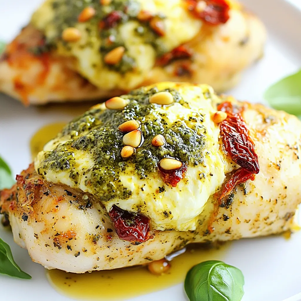 To make pesto mozzarella stuffed chicken breasts, you need: - 4 boneless, skinless chicken breasts - 1 cup fresh basil pesto - 1 cup mozzarella cheese, shredded - ½ cup sun-dried tomatoes, chopped - ¼ cup pine nuts, toasted - 2 cloves garlic, minced - Salt and pepper to taste - 2 tablespoons olive oil - Fresh basil leaves for garnish These ingredients create a tasty, flavorful dish. The chicken holds the filling well. The pesto gives a great taste, while the mozzarella adds creaminess. If you want to change things up, here are some swaps: - Use chicken thighs instead of breasts for more flavor. - Swap basil pesto for arugula pesto for a peppery kick. - Try goat cheese instead of mozzarella for a tangy twist. - Use fresh tomatoes if sun-dried tomatoes aren’t available. - Replace pine nuts with walnuts or almonds for a different crunch. These changes can keep the dish fresh and exciting. You can play with flavors to suit your taste. Adding some garnishes can elevate your dish: - Sprinkle fresh basil leaves on top for a bright look. - Drizzle balsamic glaze for a sweet touch. - Add grated Parmesan cheese for extra richness. - Serve with a side salad for a colorful plate. These garnishes enhance the dish's appeal. They make it look good and taste even better. Enjoy creating your perfect plate! {{ingredient_image_1}} First, gather your chicken breasts. You need four boneless and skinless pieces. Use a sharp knife to cut a pocket in each breast. Slice them horizontally but be careful not to cut all the way through. This pocket will hold the tasty filling later. In a medium bowl, combine the filling ingredients. Add one cup of shredded mozzarella. Next, mix in half a cup of chopped sun-dried tomatoes. Then, add a quarter cup of toasted pine nuts. Finally, stir in two minced garlic cloves. Season this mixture with salt and pepper to your taste. Now, it’s time to cook. Preheat your oven to 375°F (190°C). Take the stuffed chicken breasts and spoon in about 2-3 tablespoons of the filling into each pocket. Coat the outside of each chicken breast with one tablespoon of basil pesto. Heat two tablespoons of olive oil in a large oven-safe skillet over medium-high heat. Once hot, carefully add the stuffed chicken breasts. Sear them for about 3-4 minutes on each side until they turn golden brown. Next, transfer the skillet to the oven. Bake for 25-30 minutes. Check that the chicken reaches an internal temperature of 165°F (74°C). Once done, remove the skillet from the oven. Let the chicken rest for 5 minutes before serving. Garnish with fresh basil leaves for a nice touch. To stuff chicken breasts, start with a sharp knife. Cut a pocket in each breast, but do not cut all the way through. This keeps the filling inside. Use about 2-3 tablespoons of the filling mix for each breast. Press gently to seal the pocket after stuffing. This helps keep the delicious filling in place during cooking. To keep your chicken juicy, do not overcook it. Use a meat thermometer to check for doneness. The chicken should reach an internal temperature of 165°F (74°C). Searing the chicken before baking adds flavor and locks in moisture. Let the chicken rest for 5 minutes after cooking. This allows the juices to redistribute, ensuring each bite is tender and flavorful. Using the right tools makes cooking easier. Here are some must-haves: - Sharp knife for cutting pockets in chicken - Large oven-safe skillet for searing and baking - Meat thermometer for checking chicken doneness - Mixing bowl for combining filling ingredients Having these tools ready will help you create perfect pesto mozzarella stuffed chicken breasts with ease. Pro Tips Use Fresh Ingredients: Using fresh basil and high-quality mozzarella will enhance the flavors of your stuffed chicken, making it taste even more delicious. Don’t Overstuff: While it's tempting to add more filling, be careful not to overstuff the chicken breasts, as this can make them difficult to cook evenly. Let It Rest: Allowing the chicken to rest for a few minutes after baking helps the juices redistribute, resulting in a juicier and more flavorful dish. Experiment with Fillings: Feel free to customize the stuffing by adding other ingredients like spinach, artichokes, or different cheeses to suit your taste. {{image_2}} You can change the filling for a fresh taste. Instead of mozzarella, use crumbled feta cheese. Add a cup of chopped spinach to the mix. This gives a nice color and flavor. Spinach adds nutrients, making the dish healthier. The salty feta pairs well with the pesto. For a creamy twist, swap mozzarella for ricotta cheese. Ricotta is rich and smooth, giving a different texture. Mix the ricotta with the pesto and sun-dried tomatoes. This adds a delightful creaminess to your chicken. You will love the combination of flavors. If you need a gluten-free meal, this recipe is perfect! The chicken breasts are naturally gluten-free. Just ensure your pesto does not contain gluten. Most store-bought pestos are safe, but always check the label. This way, everyone can enjoy this tasty dish. To store leftover stuffed chicken, let it cool first. Place the chicken in an airtight container. This keeps moisture inside and prevents drying out. You can store the chicken in the fridge for up to three days. Make sure to label the container with the date. If you want to freeze the stuffed chicken, wrap each piece tightly in plastic wrap. Then, place the wrapped chicken in a freezer-safe bag. This helps avoid freezer burn. The chicken can last in the freezer for about three months. When you're ready, thaw it in the fridge overnight before reheating. To reheat, preheat your oven to 350°F (175°C). Place the chicken in a baking dish. Cover it with foil to keep it moist. Heat for about 20 minutes or until warmed through. You can also use a microwave, but this may dry it out. If using a microwave, heat on low power in short bursts. Enjoy your delicious meal again! Yes, you can use chicken thighs. Chicken thighs have more fat, which makes them juicy and tasty. They also stay moist during cooking. Just be sure to adjust the cooking time. Thighs may take a bit longer since they are thicker than breasts. Aim for the same internal temperature of 165°F (74°C) for safety. This dish takes about 50 minutes to cook. You will spend around 15 minutes prepping the ingredients. The cooking includes searing for 3-4 minutes on each side. Then, you bake the chicken for 25-30 minutes in the oven. Make sure to check the chicken’s temperature to ensure it’s fully cooked. While fresh basil pesto adds great flavor, you can use store-bought pesto. However, fresh basil pesto gives a bright taste. It also enhances the dish's aroma. If you want to make your own, it's simple. Blend fresh basil, garlic, pine nuts, olive oil, and cheese for a homemade touch. In this post, we explored making pesto mozzarella stuffed chicken breasts. We covered main ingredients, helpful tips, and fun variations. You learned how to prepare, cook, and store this dish. For your cooking journey, remember that creativity with ingredients can lead to amazing flavors. Enjoy experimenting with these ideas, and don't hesitate to make it your own! Happy cooking!