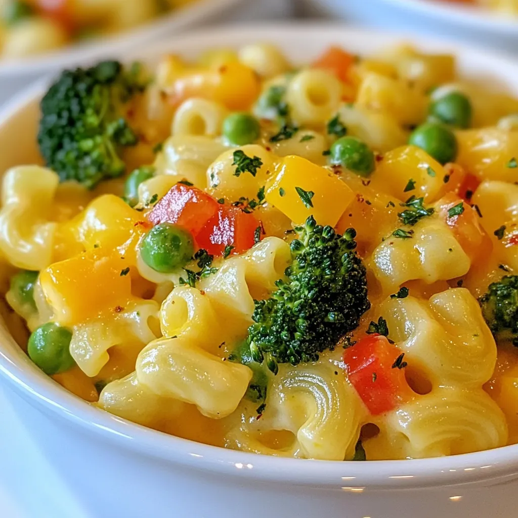 The main ingredients are simple and easy to find. You need: - 8 oz elbow macaroni - 2 cups vegetable broth - 1 cup milk (dairy or plant-based) - 1 cup shredded sharp cheddar cheese - 1 cup shredded mozzarella cheese These items form the base of your mac and cheese. The elbow macaroni is the star. It cooks well and holds the sauce nicely. The cheeses bring creaminess and flavor. You can use your choice of milk, making this dish flexible for diets. For extra flavor and texture, you will need: - 1 cup broccoli florets - 1 cup diced bell peppers (mix of red and yellow) - ½ cup frozen peas - 2 tablespoons olive oil - 2 cloves garlic, minced - 1 teaspoon onion powder - 1 teaspoon garlic powder - Salt and pepper to taste - Fresh parsley, chopped (for garnish) The vegetables add nutrition and color. Broccoli and bell peppers boost the taste and look. Garlic and onion powder give depth to the dish. Olive oil adds richness, while salt and pepper bring out the flavors. Feel free to mix and match your veggies! Here are some tasty options: - Spinach - Zucchini - Carrots - Mushrooms Using different vegetables can change the taste each time. Go with what you like or what you have at home. Each choice makes this meal unique and fun! {{ingredient_image_1}} To make One Pot Veggie Mac and Cheese, start by heating 2 tablespoons of olive oil in a large pot over medium heat. Add 2 cloves of minced garlic and cook for about 1 minute. The garlic should smell good but not burn. Next, add 8 ounces of elbow macaroni, 2 cups of vegetable broth, and 1 cup of milk. Also, mix in 1 teaspoon of onion powder, 1 teaspoon of garlic powder, and salt and pepper to taste. Stir everything well to combine. Bring the pot to a boil. Then, lower the heat to a simmer. Cook the pasta for about 8 to 10 minutes. Stir occasionally. You want the pasta to be al dente, which means it should have a little bite. Once the pasta is cooked, add in 1 cup of broccoli florets, 1 cup of diced bell peppers, and ½ cup of frozen peas. Stir again and cook for another 2 to 3 minutes. The veggies should be tender but still bright in color. Now, turn the heat to low. Add 1 cup of shredded sharp cheddar cheese and 1 cup of shredded mozzarella cheese. Stir continuously until the cheese melts and the mix becomes creamy. Taste your dish. If you need more flavor, add a little more salt and pepper. Take the pot off the heat. Let it sit for a few minutes to thicken before serving. Use a large pot. This helps all the ingredients mix well and cook evenly. Keep stirring the pasta to prevent it from sticking. If you want more flavor, try adding herbs like thyme or basil. Make sure to watch the heat carefully. If it’s too high, your pasta may stick or burn. If you want to add more veggies, you can easily do that. Just make sure they are cut small enough to cook through. Every stovetop is different. If you have a gas stove, it may cook faster than an electric one. Keep an eye on the pasta. Start checking for doneness a minute or two earlier than the recipe states. If you use a high-powered burner, you might need to reduce the cooking time. Always stir more often if your burner runs hot. Adjusting these small things can help you get perfect mac and cheese every time. To boost the taste, try adding a splash of hot sauce or Dijon mustard. This gives a nice kick. You can also mix in some nutritional yeast for a cheesy, nutty flavor. Fresh herbs like basil or thyme add brightness. Don’t forget to taste as you cook. Adjust salt and pepper to your liking. For that rich, creamy feel, use a mix of sharp cheddar and mozzarella. They melt well and create that perfect texture. Make sure to stir the cheese in slowly on low heat. This helps it melt evenly. If it feels too thick, add a bit more milk. A splash at a time works best. One big mistake is cooking the pasta too long. Keep an eye on it and stir often. If you don’t, it can stick to the pot. Another mistake is adding cheese too soon. Wait until the veggies are tender. This ensures everything blends well. Lastly, don’t skip the seasoning. It makes a huge difference in taste. Pro Tips Use Fresh Veggies: Fresh broccoli and bell peppers not only enhance the flavor but also add a vibrant color to your dish. Cheese Choices: Experiment with different cheese blends to create unique flavor profiles. Gouda or pepper jack can add a fun twist! Make it Creamier: For an extra creamy texture, add a splash more milk or a dollop of cream cheese while stirring in the cheese. Leftover Magic: This dish reheats beautifully. Save leftovers for a quick lunch; just add a splash of milk when reheating to restore creaminess. {{image_2}} You can easily make this dish gluten-free. Use gluten-free elbow pasta. Many brands offer great options that taste good. Check the cooking time, as gluten-free pasta cooks differently. You can still enjoy the same creamy texture with your favorite cheese. To make this a vegan meal, swap the cheese for plant-based cheese. You can also use unsweetened almond milk or oat milk. These milks work well and keep the dish creamy. Add nutritional yeast for a cheesy flavor without dairy. It's a simple way to keep it vegan and delicious. You can boost the protein in this dish easily. For a meat option, add cooked chicken. Shred it and mix it in just before serving. If you prefer plant-based protein, use firm tofu. Cut it into cubes and sauté it with garlic before adding it to the pot. Beans like black beans or chickpeas are also great choices. They add protein and fiber, making this dish more filling. To store your One Pot Veggie Mac and Cheese, let it cool first. Then, place it in an airtight container. Seal it well to keep out air. This dish stays fresh in the fridge for about 3 to 5 days. If you want to save it longer, freezing is a great option. When you’re ready to eat your leftovers, reheat them with care. You can use the microwave or the stove. If you use the microwave, heat it in short bursts. Stir in between to warm it evenly. If you use the stove, add a splash of milk or broth. This helps bring back the creamy texture. Heat it over low heat, stirring often, until warm. If you want to freeze this dish, do it right after it cools. Use a freezer-safe container and leave some space. The pasta will expand as it freezes. This meal can last in the freezer for up to 2 months. To enjoy it later, thaw it in the fridge overnight. Then, reheat it as mentioned above. This way, you still get that yummy, cheesy goodness! Yes, you can use different cheeses! Try gouda, fontina, or even pepper jack. Each type brings its own flavor. Mix and match cheese to find your favorite. Just keep the total amount around two cups. It will still melt well and taste great! If you don’t have vegetable broth, use water instead. You can add more spices to boost the flavor. Use extra garlic powder, onion powder, or even a splash of soy sauce. This will help make up for the missing taste. To spice things up, add red pepper flakes or diced jalapeños. You can also use spicy cheese like pepper jack. Another option is a few dashes of hot sauce. Adjust the spice level to your liking for a fun kick! You now have all the steps to make a delicious One Pot Veggie Mac and Cheese. We covered the key ingredients for taste and texture, detailed cooking instructions, and helpful tips to avoid common mistakes. Remember, you can adapt the recipe for gluten-free or vegan needs. Store leftovers properly to enjoy later. With these insights, you can create a dish that suits your tastes and lifestyle. Enjoy cooking and share this recipe with friends!