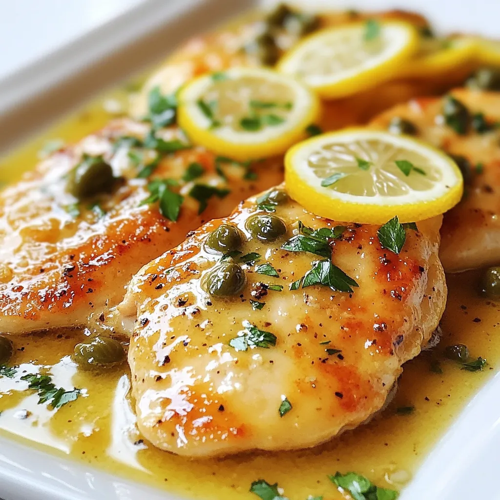 - 2 boneless, skinless chicken breasts - ½ cup all-purpose flour - 1 teaspoon salt - ½ teaspoon black pepper - ¼ cup olive oil - 2 tablespoons capers, drained - Juice of 1 large lemon - 1 cup chicken broth (low sodium) - 2 tablespoons unsalted butter - Fresh parsley, chopped, for garnish For Chicken Piccata, you need fresh, simple ingredients. Start with two boneless, skinless chicken breasts. These are the stars of the dish. You also need flour, salt, and black pepper to create a nice coating. Next, grab some olive oil. This will help the chicken brown nicely. Capers add a unique salty flavor. You will also need the juice of one large lemon and low-sodium chicken broth. These will create a tangy sauce. Finally, unsalted butter will make the sauce rich and creamy. Fresh parsley adds a pop of color and flavor to the dish. Gather these ingredients, and you are ready to make a tasty Chicken Piccata! {{ingredient_image_1}} - Start by placing the chicken breasts between two pieces of plastic wrap. - Use a meat mallet to pound them to about ½ inch thick. This helps them cook evenly. - Next, mix flour, salt, and black pepper in a shallow dish. - Dredge each chicken breast in the flour mixture, shaking off any extra flour. - Heat olive oil in a large skillet over medium-high heat. - Once hot, add the chicken breasts to the pan. Cook for about 4-5 minutes on each side. - Aim for a golden brown color on each side. This means your chicken is cooking well. - Remove the chicken from the skillet and set it aside on a plate. - In the same skillet, add the capers. Stir them for about 30 seconds. This helps to soak up the flavor from the chicken. - Pour in the lemon juice and chicken broth. Scrape the bottom of the pan to loosen any bits. - Allow the mixture to simmer for 3-4 minutes. This will reduce the sauce slightly. - Stir in the butter until it melts. The sauce should be smooth and rich. - Return the chicken to the skillet. Spoon the sauce over the chicken. - Let it simmer for another 2-3 minutes so the chicken soaks up the flavors. Pounding chicken makes it cook evenly. This step helps avoid dry spots. Use a meat mallet or rolling pin for best results. Aim for about half an inch thick. To check if your chicken is done, cut into it. The meat should look white, not pink. You can also use a meat thermometer. The safe cooking temperature is 165°F. You can switch up the seasonings for more flavor. Try adding garlic powder or onion powder. These give a nice twist to your dish. Fresh herbs also boost flavor. Consider adding thyme, oregano, or basil. These herbs pair well with lemon and capers. You can mix and match to find your favorite combination. Pro Tips Even Thickness: Pounding the chicken to an even thickness ensures that it cooks uniformly, preventing dry or undercooked spots. Flavorful Flour Mix: Adding salt and pepper to the flour mixture enhances the chicken's flavor before cooking, providing a tasty base. Deglazing the Pan: Scraping the bottom of the pan after adding broth and lemon juice picks up all the delicious browned bits, adding depth to your sauce. Butter Finish: Stirring in butter at the end gives the sauce a rich, velvety texture that clings beautifully to the chicken. {{image_2}} You can switch up the protein in chicken piccata. Turkey makes a great substitute. It has a mild flavor that pairs well with the sauce. Veal is another option. It’s tender and cooks quickly. Both proteins will give you a new taste but keep the same great sauce. If you need a gluten-free option, use gluten-free flour. Almond flour or rice flour works well. These options provide a nice coating for the meat. They also help keep the dish light and tasty. Just make sure the flour is certified gluten-free to avoid cross-contamination. For a healthier chicken piccata, you can make easy swaps. Use skinless chicken thighs instead of breasts for more flavor. You can also reduce the butter. Instead of two tablespoons, use one. Another option is to add more broth for a lighter sauce. You still get great taste without the extra calories. To keep your chicken piccata fresh, store it in an airtight container. Allow it to cool to room temperature first. Place the container in the fridge. It will last for 3 to 4 days. If you want to keep it longer, freezing is a great option. To freeze chicken piccata, let it cool completely. Then, place it in a freezer-safe bag or container. Remove as much air as possible to prevent freezer burn. You can freeze it for up to 3 months. When you're ready to eat, thaw it in the fridge overnight. When reheating chicken piccata, do it gently. Use a skillet on low heat. Add a splash of chicken broth to keep it moist. Cover the skillet to trap steam. Heat for about 5 to 7 minutes. Stir occasionally to ensure even heat. You can also use the microwave, but be careful not to overheat it. This will keep your dish tasty and juicy. Chicken Piccata is a simple and tasty Italian dish. It features chicken breasts cooked in a lemony sauce. The dish comes from Italy, and it is known for its bright flavors. The key ingredients include capers and lemon juice, which create a fresh taste. You cook the chicken in olive oil until it's golden brown. Then, you add the sauce and let it soak in those lovely flavors. This dish is quick and perfect for weeknight meals. Yes, you can use frozen chicken breasts. When using frozen chicken, first, thaw them properly. The best way is to place them in the fridge overnight. If you're short on time, you can use the microwave to thaw. Just make sure to cook them right away after thawing. When pounding, frozen chicken might be harder. Let it sit at room temperature for a few minutes before you pound it. This will help you achieve an even thickness for cooking. To make Chicken Piccata more tangy, add more lemon juice. You can start with an extra tablespoon to see how it tastes. If you want even more depth, try adding a splash of white wine. This will enhance the sauce's flavor too. You can also add lemon zest for an extra kick. Fresh herbs like parsley or thyme can balance the tanginess nicely. Just remember to adjust the salt if you add more liquid to keep the flavor right. This blog post details how to make Chicken Piccata. We covered the key ingredients, from chicken breasts to lemon juice. You learned each step, from preparing the chicken to making a rich sauce. I shared tips for even cooking and ways to enhance flavors. We explored variations, health alternatives, and smart storage methods. In the end, Chicken Piccata offers endless options for creativity. Don’t hesitate to try different proteins or flavors. Enjoy this dish that’s both tasty and simple to make!