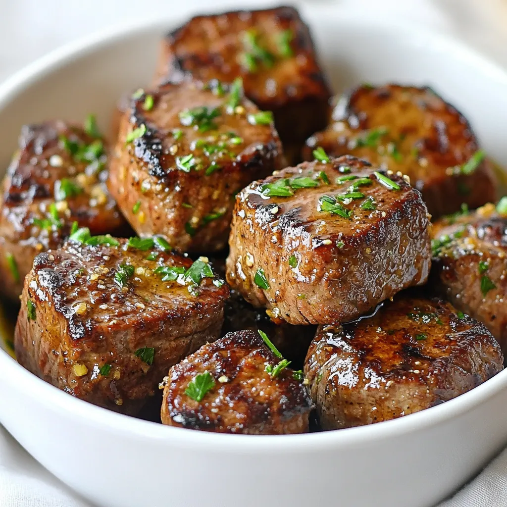 To make Garlic Butter Steak Bites, gather these key ingredients: - 1 lb sirloin steak, cut into 1-inch cubes - 4 tablespoons unsalted butter - 4 cloves garlic, minced - 1 tablespoon fresh rosemary, minced (or 1 teaspoon dried) - 1 tablespoon fresh thyme, minced (or 1 teaspoon dried) - Salt and pepper to taste - Fresh parsley, chopped for garnish These ingredients create a tasty dish that is easy to cook. The sirloin steak gives a nice texture. The butter and garlic add rich flavor, while the herbs bring freshness. You can customize your Garlic Butter Steak Bites with a few add-ins: - A pinch of red pepper flakes for heat - A splash of Worcestershire sauce for depth - Sliced mushrooms for added texture These options can change the taste and make it your own. Feel free to mix and match based on your taste. While sirloin is great, you can also use other cuts: - Ribeye for more fat and flavor - Tenderloin for a leaner option - Flank steak for a different texture Each cut offers a unique bite. Choose based on your preference and budget. Enjoy crafting your perfect Garlic Butter Steak Bites! {{ingredient_image_1}} To start, pat the steak cubes dry with paper towels. This step is key. It helps the meat brown nicely. Next, season the steak cubes generously with salt and pepper on all sides. You want bold flavor in every bite. Now, your steak is ready for the skillet! Grab a large skillet and melt 2 tablespoons of butter over medium-high heat. Wait until it is hot and bubbling. Then, add the steak cubes in a single layer. Do not overcrowd the skillet. Sear the steak for about 2-3 minutes without moving them. This creates a nice crust. Flip the steak bites and sear the other side for another 2-3 minutes. Aim for medium-rare for the best taste. Once done, remove the steak bites and set them aside. In the same skillet, lower the heat to medium. Add the remaining 2 tablespoons of butter. Once it's melted, toss in the minced garlic, rosemary, and thyme. Stir for about 30 seconds until fragrant. This step fills your kitchen with a wonderful aroma. Now, return the steak bites to the skillet. Toss them in the garlic herb butter for 1-2 minutes. Make sure they are well coated. Finally, remove from heat, garnish with fresh parsley, and serve right away. Enjoy your tasty steak bites! To sear steak bites well, start with dry meat. Pat the cubes with paper towels. This step helps them brown nicely. Use a hot skillet. Heat it over medium-high heat. Add butter and let it melt until bubbly. Place the steak cubes in a single layer. Don’t overcrowd the pan. Give them space to sear. Cook for 2-3 minutes on one side. Flip them to brown the other side for another 2-3 minutes. This gives a great crust and keeps the inside juicy. A heavy skillet works best for searing. Cast iron or stainless steel pans hold heat well. They help form a nice crust. Avoid non-stick pans for this step. They can’t get hot enough for a good sear. If you have a grill pan, that’s great too. Just ensure it’s preheated before adding the steak. Seasoning is key to tasty steak bites. Start with salt and pepper. Sprinkle them generously on all sides. You can add more flavors too. Fresh herbs like rosemary and thyme bring great taste. If you like heat, try some red pepper flakes. Taste the garlic butter as you cook. Adjust seasonings to make it perfect for you. Remember, cooking is about your personal touch! Pro Tips Pat the Steak Dry: Ensuring the steak is dry before seasoning helps achieve a perfect sear and crust. Don't Overcrowd the Pan: Searing in batches allows for better browning and prevents steaming the meat. Let It Rest: After cooking, allow the steak bites to rest for a few minutes to retain their juices. Customize the Herbs: Feel free to experiment with different herbs like oregano or basil for unique flavor profiles. {{image_2}} For a kick, add red pepper flakes to the garlic butter. Start with ½ teaspoon and adjust to your taste. This spice enhances the flavor and gives the dish a nice heat. You can also mix in some sriracha or hot sauce. Toss the steak bites in the spicy butter for a bold twist. Want to change the flavor? Use different herbs! Try fresh basil or oregano instead of thyme and rosemary. Both add a lovely taste. You can also use a mix of dried herbs if fresh ones are not handy. This change will keep your steak bites fresh and exciting. For a Mediterranean flair, add some olives, sun-dried tomatoes, or feta cheese to the dish. After cooking, toss in these ingredients with the garlic butter. They will add saltiness and rich flavor. Serve with a side of tzatziki sauce for a refreshing dip. This variation will take you on a tasty trip to the Mediterranean coast. To keep your garlic butter steak bites fresh, store them in an airtight container. Let them cool to room temperature before sealing. This helps prevent moisture buildup. Place the container in the fridge if you plan to eat them within three days. When you're ready to enjoy your leftovers, reheating gently is key. Use a skillet over low heat for the best results. Add a small pat of butter to the pan. Heat the steak bites for about 3-5 minutes, stirring often. This keeps the meat juicy and tasty. You can also reheat them in the microwave. Use a microwave-safe dish and cover it with a damp paper towel. Heat for 30 seconds, then check. If you have extra steak bites, freezing is a great option. Place them in a freezer-safe bag or container. Make sure to remove as much air as possible before sealing. Label the bag with the date. You can freeze them for up to three months. When you're ready to eat, thaw in the fridge overnight. Reheat as mentioned above for the best taste. The best way to cook steak bites is by searing them in a hot skillet. Start with a well-heated pan. Use a good amount of butter for flavor. This method gives a nice crust while keeping the inside tender. Don't overcrowd the pan; cook in batches if needed. This way, each piece gets the right amount of heat. You can tell steak bites are done by checking their color and firmness. For medium-rare, look for a warm red center. You can also use a meat thermometer. It should read 130°F for medium-rare. If you want them more done, aim for 145°F for medium. Letting them rest for a few minutes helps keep them juicy. Yes, you can use other cuts for steak bites. Cuts like ribeye, tenderloin, or flank steak work well. Each cut gives a different flavor and texture. Just adjust cooking times based on the cut's thickness and fat content. The key is to ensure even cooking for the best taste. Garlic butter steak bites are a tasty treat that anyone can make. We covered key ingredients, from steak types to butter blends. I shared step-by-step instructions to cook them just right. Tips for searing steak and adjusting flavors enhance your dish. You can even try tasty variations. Store leftovers properly and reheating tips ensure great flavor. Enjoy these bites as a meal or snack. With the right approach, you can impress everyone at home. Happy cooking!