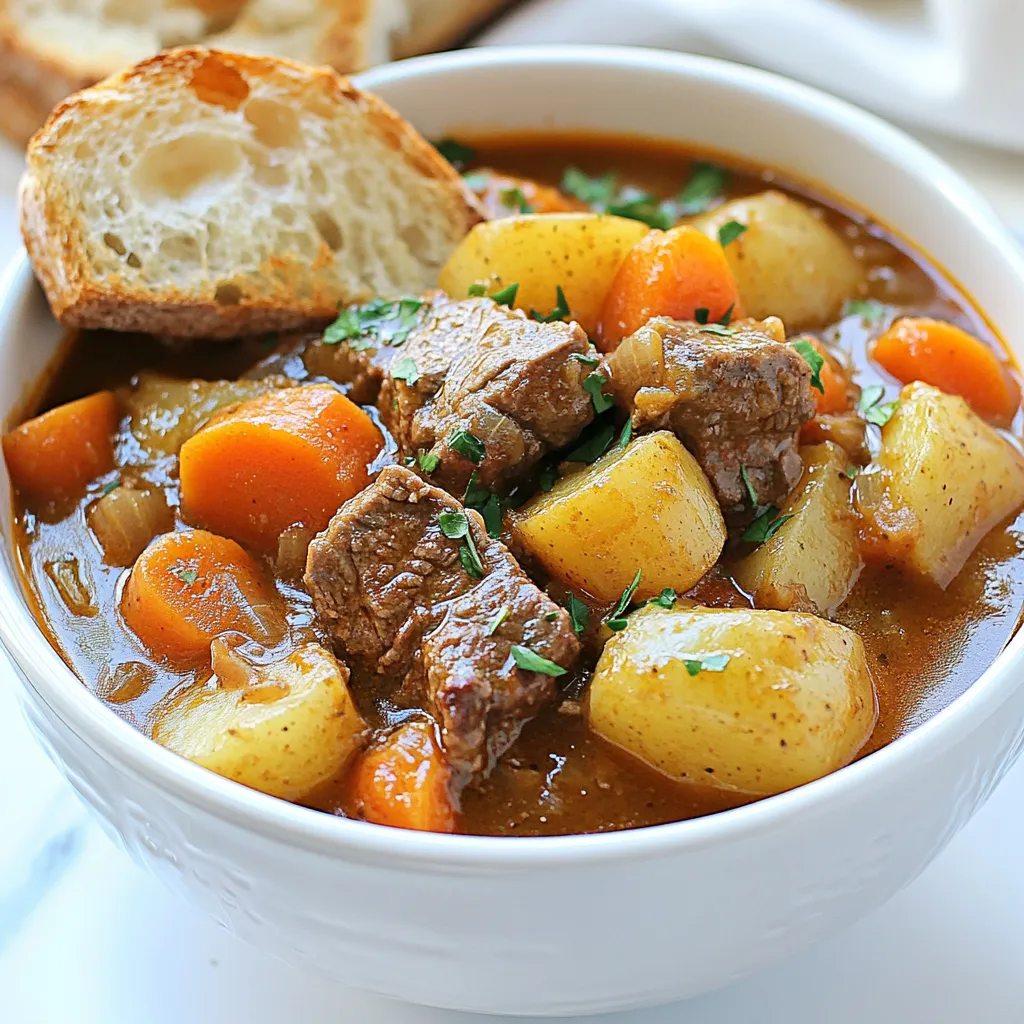- 2 lbs beef chuck, cut into 1-inch cubes - 4 cups beef broth - 3 medium potatoes, peeled and diced - 3 carrots, sliced - 2 stalks celery, chopped - 1 large onion, chopped - 4 cloves garlic, minced - 1 tablespoon tomato paste - 1 tablespoon Worcestershire sauce - 1 teaspoon dried thyme - 1 teaspoon dried rosemary - 1 bay leaf - 2 tablespoons olive oil - Salt and pepper to taste Each main ingredient plays a key role in the stew. The beef chuck gives a rich flavor. The broth adds depth and moisture. Potatoes and carrots bring heartiness. Celery and onion add a nice crunch and sweetness. Garlic, tomato paste, and Worcestershire sauce create a savory base. Thyme, rosemary, and bay leaf bring warmth and aroma. - Fresh parsley Fresh parsley is a simple but lovely touch. It brightens up the stew. Just sprinkle it on top before serving. - Large pot or Dutch oven - Cooking utensils A large pot or Dutch oven helps cook everything evenly. Use sturdy cooking utensils for stirring and serving. This will make your cooking experience easier and more enjoyable. {{ingredient_image_1}} 1. Start by heating 2 tablespoons of olive oil in a large pot over medium-high heat. This will help brown the beef. 2. Take 2 lbs of beef chuck and cut it into 1-inch cubes. Season the beef cubes with salt and pepper. I like to mix them well to ensure even flavor. 3. Brown the beef in batches. Do not overcrowd the pot. This helps the meat get a nice crust. Set the browned beef aside on a plate. 4. In the same pot, add 1 large chopped onion. Sauté for 3-4 minutes until it becomes translucent. The smell will be amazing. 5. Next, add 4 minced garlic cloves, 1 tablespoon of tomato paste, 1 teaspoon of dried thyme, and 1 teaspoon of dried rosemary. Cook for another minute while stirring to blend the flavors. 1. Return the browned beef to the pot. Pour in 4 cups of beef broth, scraping the bottom to mix in the tasty bits. 2. Now, add 3 diced potatoes, 3 sliced carrots, 2 chopped celery stalks, and 1 bay leaf. This mix adds color and flavor to your stew. 3. Bring the stew to a boil. Once it bubbles, reduce the heat to low. Cover the pot and let it simmer for about 2 hours. This is when the beef gets tender and the flavors meld together. 1. After 2 hours, remove the bay leaf. Taste the stew and adjust the seasoning with salt and pepper to your liking. 2. Serve the stew hot in rustic bowls. Garnish with fresh parsley for a pop of color. I love serving it with crusty bread on the side for dipping. Enjoy this hearty dish that warms the soul! Adding red wine gives the stew a deep, rich taste. Use about one cup of red wine. It adds a nice depth to the beef flavor. Don’t worry; most of the alcohol cooks off. You can also use homemade beef broth for the best taste. It’s simple to make and adds more flavor than store-bought broth. Browning the meat well is key. Make sure to heat the pot before adding the beef. I use medium-high heat and brown the meat in batches. This prevents steaming and helps get a good crust. After browning, let the beef rest before adding it back to the pot. Simmering is just as important. Keep the heat low after boiling. This helps the beef become tender over time. Stir occasionally, but not too often. Let the stew work its magic! Serve the stew in rustic bowls. Crusty bread on the side is perfect for dipping. It adds a nice crunchy texture. Garnish with fresh parsley for color. A sprinkle brightens the dish and makes it look fancy. You will impress your guests with this simple touch! Pro Tips Brown the Meat: Taking the time to brown the beef cubes enhances the flavor of the stew by creating a rich, caramelized crust. Use Fresh Herbs: For the best flavor, use fresh thyme and rosemary instead of dried. Add them towards the end of cooking for a vibrant taste. Thicken the Stew: If you prefer a thicker stew, mix a tablespoon of cornstarch with cold water and stir it in during the last 15 minutes of cooking. Make Ahead: This stew tastes even better the next day! Prepare it a day in advance and reheat to allow the flavors to meld. {{image_2}} You can change the beef to other meats. Try lamb or turkey for a new taste. These meats work well in stew and add unique flavors. You can also swap the root veggies. Instead of potatoes, use sweet potatoes or parsnips. They add a sweet touch that pairs nicely with the beef. If you need gluten-free options, skip the Worcestershire sauce. Instead, use tamari or coconut aminos. Both give a similar taste without gluten. For low-carb variations, use cauliflower instead of potatoes. This keeps the stew hearty but lowers the carbs. You can add spices to change the stew's flavor. Try cumin for a warm, earthy taste or paprika for a smoky note. These spices add depth and make the dish feel different. Incorporate local vegetables too. If you have seasonal veggies, toss them in for freshness. This makes the stew unique to your area and adds fun to your meal. After enjoying your ultimate beef stew, store leftovers properly. Place the stew in airtight containers. Let it cool down to room temperature first. Refrigerate it within two hours. The stew stays fresh for about three to four days in the fridge. Use glass or plastic containers that seal tightly. This helps keep the flavors intact and prevents spills. When you want to warm up your stew, the stovetop is best. Pour the stew into a pot. Heat it over medium heat, stirring often. This ensures even heating and keeps the stew tasty. If you're in a hurry, use the microwave. Transfer the stew to a microwave-safe bowl. Cover it loosely with a microwave-safe lid or plate. Heat it in one-minute bursts, stirring in between. This helps warm it through without overcooking. To freeze beef stew, let it cool completely first. Then, portion it into freezer-safe containers. Leave some space at the top for expansion. You can also use freezer bags, squeezing out as much air as possible. The stew can last up to three months in the freezer. When you're ready to eat, thaw it overnight in the fridge. Reheat it on the stovetop or microwave as mentioned above. Enjoy your comforting meal anytime! Beef stew can last in the fridge for about three to four days. It’s best to store it in an airtight container. Make sure to cool the stew before you put it in the fridge. This helps avoid spoilage. If you want to keep it longer, consider freezing it instead. Yes, you can make beef stew in a slow cooker. Just brown the beef first on the stove. Then add all the ingredients into the slow cooker. Set it on low for about six to eight hours. This method lets the flavors blend well. It’s perfect for busy days when you want a hot meal ready when you get home. Beef stew pairs well with several side dishes. Here are some good options: - Crusty bread for dipping - Mashed potatoes for extra comfort - A simple green salad for freshness - Rice to soak up the stew's rich sauce Each of these sides complements the hearty flavors of beef stew. Feel free to mix and match based on your mood! This article covered the key steps to create a delicious beef stew. You learned about essential ingredients, cooking tools, and tips for enhancing flavor. We also discussed storage options and variations to fit your taste. Beef stew is a warm and comforting dish that you can adapt in many ways. Whether you stick to the classic recipe or explore new flavors, enjoy your cooking!