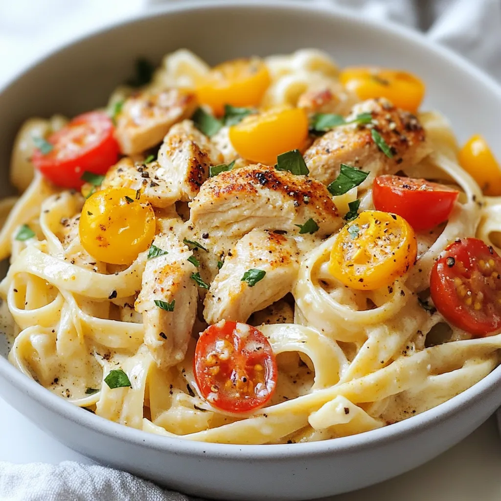 Here are the key ingredients for the Five-Ingredient Creamy Cajun Chicken Pasta. Each one plays a vital role in creating a rich, flavorful dish. - 2 boneless, skinless chicken breasts, diced - 8 ounces fettuccine pasta - 1 cup heavy cream - 2 tablespoons Cajun seasoning - 1 cup cherry tomatoes, halved Each ingredient brings something special to the table. The chicken adds protein and texture. The fettuccine gives a nice base that holds the creamy sauce well. Heavy cream makes everything rich and smooth. Cajun seasoning brings heat and depth. Finally, the cherry tomatoes add a burst of freshness. When you gather these ingredients, think about quality. Fresh chicken and ripe tomatoes make a big difference. Using good Cajun seasoning will elevate the dish. I recommend looking for a blend with a good mix of spices. This way, you can enjoy a truly delicious meal. {{ingredient_image_1}} Boil salted water in a large pot. Add the fettuccine once the water bubbles. Cook the pasta as per the package instructions. This usually takes about 8-10 minutes. Drain the pasta when done, but save a bit of pasta water. This water helps later with the sauce. In a large skillet, pour in a drizzle of olive oil. Heat this over medium. Once hot, add the diced chicken breasts. Sprinkle the Cajun seasoning over the chicken. Cook until it turns golden brown, about 5-7 minutes. Make sure the chicken is fully cooked. You want it juicy and flavorful. Turn the heat down to low. Now, stir in the heavy cream with the chicken. Mix well to combine everything. Let it simmer gently for a few minutes. If the sauce gets too thick, add a few tablespoons of that reserved pasta water. This will help you achieve the right creamy texture. To get the best chicken, start with the right heat. Use medium heat for a nice sear. This helps the chicken stay juicy. Season the chicken well with Cajun spices. Make sure to cover all sides. Cook it until golden brown, about 5-7 minutes. This gives a lovely flavor to the dish. The sauce should be creamy but not too thick. If it is too thick, add a bit of reserved pasta water. Just a few tablespoons will help. Stir it in slowly until you reach the right creaminess. The heavy cream is the key, so don’t rush this step. For a great look, plate the pasta nicely. Use a large bowl or a plate with a bit of depth. Garnish with a sprinkle of Cajun seasoning on top. You can also add some fresh herbs like parsley. This adds color and freshness to your dish. Serve it hot for a perfect meal! Pro Tips Use Fresh Ingredients: Fresh chicken and ripe cherry tomatoes will enhance the flavor of your dish significantly. Adjust the Spice: If you prefer a milder dish, start with less Cajun seasoning and add more to taste as you cook. Reserve Pasta Water: Always reserve a bit of pasta water before draining; it’s great for adjusting the consistency of your sauce. Garnish Wisely: A sprinkle of fresh herbs like parsley or basil can add a burst of color and freshness to your dish before serving. {{image_2}} You can swap out chicken and cream if you like. For a lighter dish, try turkey breast instead of chicken. It cooks similarly and tastes great. If you need a dairy-free option, use coconut cream or almond milk. Both will give a nice creaminess. Adding veggies makes the dish even better. Try bell peppers, spinach, or zucchini. These add color and taste. You can sauté them with the chicken for more flavor. For a fresh touch, add some peas or broccoli at the end. Adjusting the spice level is easy with Cajun seasoning. If you prefer less heat, use just one tablespoon or even half. You can add more if you like it spicy. Taste as you go to find your perfect balance. To keep your creamy Cajun chicken pasta fresh, store it in an airtight container. Place it in the fridge within two hours of cooking. This prevents bacteria growth. It stays good for up to three days. If you packed it well, it should taste great when you eat it later. When it's time to enjoy leftovers, heat the pasta gently. I recommend using a skillet. Add a splash of water or cream to help keep it moist. Stir over low heat until it's warm all through. This helps avoid dry pasta and keeps the sauce creamy. You can freeze this pasta dish for later. First, let it cool completely. Then, place it in a freezer-safe container. It can last for up to three months in the freezer. When you're ready to eat, thaw it in the fridge overnight. Reheat it in a skillet with a bit of cream or water to regain its creamy texture. Yes, you can make this dish ahead of time. Store the pasta and sauce separately. Let the pasta cool before putting it in a container. Keep the sauce in a different container. In the fridge, they will last for up to three days. When you want to eat, reheat the sauce in a pan. Add a splash of cream or pasta water to loosen it. Then, toss in the pasta until warm. You can serve this creamy dish with many sides. A simple side salad adds freshness. Garlic bread is great for soaking up the sauce. You could also try steamed broccoli or green beans for some crunch. For a heartier meal, a side of roasted potatoes works well too. Yes, you can use whole wheat pasta. It will change the flavor and texture a bit. Whole wheat pasta has more fiber and nutrients, making it a healthier choice. Cook it the same way as regular pasta. Just check the package for cooking time, as it may differ. The creamy sauce will still taste great with it! This blog post covered Cajun chicken pasta from start to finish. You learned about the key ingredients and step-by-step instructions. I shared tips for cooking perfect chicken and adjusting sauce consistency. We explored variations for ingredients and spice levels, plus storage and reheating tips. Remember, cooking is fun and allows for creativity. Try different veggies or spice levels to make it your own. Enjoy making this dish your special creation!