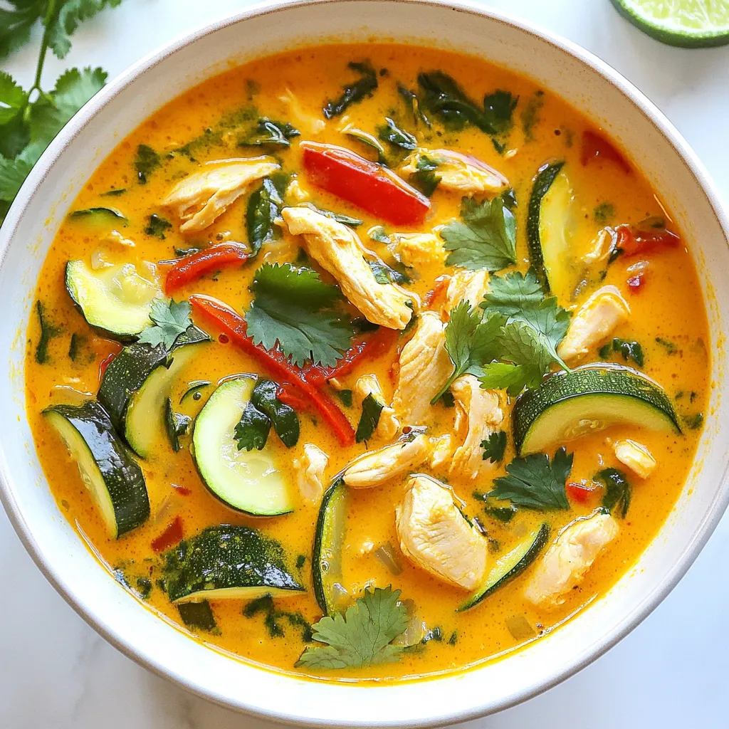 - 1 lb chicken breast, diced - 1 tablespoon coconut oil - 1 onion, finely chopped - 3 cloves garlic, minced - 1 tablespoon fresh ginger, grated - 2 tablespoons red curry paste - 1 can (13.5 oz) coconut milk - 2 cups chicken broth - 1 cup zucchini, diced - 1 red bell pepper, diced - 1 cup baby spinach - 2 tablespoons fish sauce - 1 teaspoon lime juice - Salt and pepper to taste - Fresh cilantro and lime wedges for garnish Each ingredient plays a key role in creating the rich, bold taste of this soup. The chicken provides protein and a hearty base, while the coconut oil adds healthy fat and depth. The onion and garlic bring sweetness and aroma. Fresh ginger gives a warm kick, and the red curry paste packs in the flavor, with just the right amount of spice. Coconut milk makes the soup creamy and adds a sweet note. The chicken broth enhances the overall taste and helps to create a comforting texture. For the vegetables, zucchini and bell pepper offer crunch and color. Baby spinach adds nutrients and wilts beautifully into the soup. The fish sauce and lime juice provide that essential umami and tang, rounding out the dish. Finally, fresh cilantro and lime wedges elevate the presentation and flavor. You can enjoy this dish warm, knowing that each bite is a balance of flavors. {{ingredient_image_1}} To start, heat one tablespoon of coconut oil in a large pot over medium heat. Once the oil is hot, add one finely chopped onion. Sauté the onion until it turns translucent, which takes about five minutes. This step builds a great flavor base. Next, stir in three cloves of minced garlic and one tablespoon of grated ginger. Cook these for one more minute until they smell amazing. Now, it's time to add the star of the dish: one pound of diced chicken breast. Add it to the pot and cook until it browns on all sides. This step seals in the juices and adds a nice texture. After the chicken is browned, mix in two tablespoons of red curry paste. Make sure the chicken gets well-coated with the paste for that rich, spicy flavor. Once the chicken is ready, pour in one can of coconut milk and two cups of chicken broth. Bring this mixture to a gentle boil. The coconut milk adds creaminess, while the broth adds depth. Then, add one cup of diced zucchini and one diced red bell pepper. Lower the heat and let it simmer for about ten minutes. This helps the flavors blend together nicely. After simmering, it's time for the final touches. Stir in one cup of baby spinach, two tablespoons of fish sauce, and one teaspoon of lime juice. Cook until the spinach wilts, which takes about two to three minutes. Finally, taste your soup and season with salt and pepper as needed. This final touch enhances all the flavors in your soup. Enjoy your warm, flavorful bowl of Thai Curry Keto Chicken Soup! You can change the heat of your soup by adjusting the red curry paste. Start with one tablespoon, then taste. If you want more spice, add more paste. Fresh chili peppers also give an extra kick. Slice them thin and toss them in. You control how spicy your dish becomes! To get a rich texture, always use full-fat coconut milk. It makes your soup creamy and smooth. If you want it even creamier, blend in a small portion of the soup. This makes a velvety base that feels great in your mouth. This soup pairs well with keto-friendly bread or rice. If you plan ahead, prepare the soup and store it in the fridge. It reheats nicely, making it perfect for quick meals. Just warm it on the stove before serving. Enjoy the rich flavors again and again! Pro Tips Adjust Spice Level: Feel free to modify the amount of red curry paste to suit your heat preference. Start with less and add more if you like it spicier! Use Fresh Ingredients: Fresh herbs, ginger, and garlic will enhance the flavor of your soup significantly compared to dried versions. Garnish Wisely: Adding fresh cilantro and lime wedges right before serving not only improves presentation but also adds a burst of freshness to each bite. Make it Ahead: This soup can be made in advance and stored in the fridge for up to 3 days. The flavors will deepen, making it even more delicious! {{image_2}} You can easily change the protein in this soup. Instead of chicken, try shrimp or tofu. Shrimp cooks fast and adds a nice, sweet flavor. Tofu absorbs all the great spices in the soup. If you want a different taste, use beef or pork. These meats bring a richer profile and pair well with the curry flavors. Feel free to swap out veggies based on your taste. Instead of zucchini, use broccoli or cauliflower for a crunchy bite. Both will soak up the curry taste. You can also add greens like kale or Swiss chard. They add color and nutrients, making your soup even healthier. Want to boost the flavor? Fresh herbs like basil or mint work great. They add a burst of freshness that lifts the dish. You can also include lime zest for a zesty kick. This adds a bright note that balances the creaminess of the coconut milk. After enjoying your soup, let it cool completely. Then, transfer it to airtight containers. This helps keep the flavors fresh. Store it in the fridge for up to 3 days. If you want to enjoy it later, just make sure to follow the next steps. For long-term storage, freeze your soup in portions. This way, you can easily reheat just what you need. Use freezer-safe containers or bags. Before cooking, thaw the soup in the refrigerator overnight. This keeps the texture nice and prevents ice crystals. To reheat, the stove is your best friend. Heat it gently on medium-low. If the soup thickens, add a splash of broth. This helps restore the creamy texture. Stir often to ensure even heating. Enjoy it warm for a comforting meal! Yes, this soup is great for a keto diet. It uses low-carb ingredients. The chicken breast is lean and protein-rich. Coconut milk adds healthy fats without carbs. Vegetables like zucchini and bell pepper keep carbs low while adding fiber and vitamins. This dish helps you stay in ketosis while enjoying a tasty meal. You can make this soup ahead of time. It stores well in the fridge. Let it cool down first. Transfer it to airtight containers. It will last for up to three days. Reheat on the stove when you're ready to eat. If it thickens, add a splash of broth to restore the texture. You can serve this soup with many tasty sides. For a crunch, try keto-friendly bread. A side salad with greens and avocado works well too. You might also enjoy cauliflower rice for a filling option. Fresh herbs like cilantro add a nice touch. Each of these pairs nicely with the soup's rich flavors. This recipe offers a simple way to make Thai Curry Keto Chicken Soup. We covered all ingredients, from chicken and spices to fresh vegetables. You learned how to prepare, cook, and store the soup. Feel free to customize flavors and swap proteins. This dish is a great meal prep option, perfect for busy days. Enjoy making it your own! You’ll love every spoonful of this tasty and healthy soup.