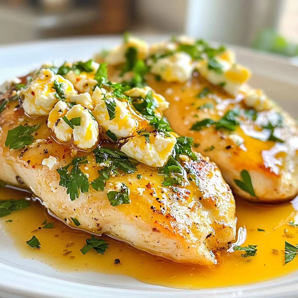 To make Hot Honey Feta Chicken, you need simple, fresh ingredients. Each one plays a key role in creating bold flavors. Here’s what you will need: - Chicken: Use 4 boneless, skinless chicken breasts. They cook evenly and stay juicy. - Feta Cheese: One cup of crumbled feta cheese gives a rich and tangy taste. - Hot Honey: You need 3 tablespoons of hot honey. It adds sweetness and heat. You can mix honey with red pepper flakes if you want. - Olive Oil: Two tablespoons of olive oil keep the chicken moist while baking. - Garlic: Four cloves of minced garlic add depth and aroma to the dish. - Spices and Seasonings: Use 1 teaspoon each of dried oregano and paprika. Add salt and pepper to taste. - Garnish: Fresh parsley, chopped, adds a pop of color and fresh flavor. These ingredients combine to create a delicious meal. Each one enhances the others, making every bite enjoyable. Don't skip any, as they all matter in this recipe! {{ingredient_image_1}} To make homemade hot honey, mix honey with red pepper flakes. Use about 3 tablespoons of honey. Adjust the heat to your liking. If you want a quicker option, use pre-made hot honey. It saves time and still packs a punch. Combine crumbled feta cheese, minced garlic, olive oil, dried oregano, and paprika in a bowl. Season with salt and pepper. Mix until smooth. This creamy feta topping adds flavor and texture to the chicken. Preheat your oven to 400°F (200°C). Line a baking dish with parchment paper. Place the chicken breasts in the dish. Drizzle the hot honey over each piece. Spread the feta mixture on top, pressing it down a bit. Bake for 25–30 minutes. Check doneness by ensuring the chicken's internal temperature reaches 165°F (75°C). Let it rest for 5 minutes before serving. To ensure juicy chicken, brine it for 30 minutes in saltwater. This helps keep the chicken moist. Use a meat thermometer to check the doneness. Aim for 165°F (75°C) inside. For the best feta topping, mix the feta with garlic, olive oil, oregano, and spices. This creates a creamy blend that sticks well to the chicken. Press it down slightly so it stays put while baking. Pair your Hot Honey Feta Chicken with roasted vegetables or a fresh green salad. These sides add a nice crunch and balance the dish's sweetness. You can also serve it with rice or quinoa for a hearty meal. For garnishing, sprinkle fresh parsley on top. Add a drizzle of hot honey for extra flavor. This makes the dish pop on the plate. Avoid overcooking the chicken. It can dry out quickly. Stick to the cooking time and check the internal temperature. Don't forget to season properly. A pinch of salt and pepper enhances the flavor. If the seasoning is off, the whole dish can taste bland. Pro Tips Choose Quality Chicken: Always opt for fresh, organic chicken breasts for the best flavor and texture. Customize the Heat: Adjust the amount of hot honey or red pepper flakes according to your spice preference. Let it Rest: Allow the chicken to rest for 5 minutes after baking; this helps retain juices for a more tender bite. Serve with Sides: Pair with roasted vegetables or a crisp salad for a balanced and colorful meal. {{image_2}} You can switch up the protein in this dish. Turkey and pork work well with hot honey and feta. Both meats absorb flavors nicely. For a vegetarian option, use firm tofu or chickpeas. Marinate them in the hot honey mix for the same sweet and spicy taste. Change the honey type for a new twist. Try clover, wildflower, or even lavender honey. Each brings its unique sweetness. You can also add vegetables to the dish. Bell peppers, zucchini, or cherry tomatoes roast well and add flavor. Toss them in olive oil, salt, and pepper before baking. If you need gluten-free options, use gluten-free breadcrumbs instead of feta. You can also swap the feta with a dairy-free cheese. Look for brands made from nuts or soy. They melt well and can mimic the creamy texture of feta. To store your leftover hot honey feta chicken, let it cool first. Place it in an airtight container. This helps keep the chicken fresh. Make sure to store it in the fridge. You can keep it for up to three days. If you want to enjoy it later, don’t forget to label the container with the date. When you’re ready to eat your leftovers, reheating is key. The best way to reheat chicken is in the oven. Preheat the oven to 350°F (175°C). Place the chicken in a baking dish. Cover it with foil to keep it moist. Heat for about 15-20 minutes or until hot. You can also use a microwave. Heat it in short bursts, about 1-2 minutes at a time. Check the chicken to avoid overcooking. If you want to freeze the hot honey feta chicken, start by cooling it completely. Wrap each piece in plastic wrap. Then, place them in a freezer bag or container. Make sure to squeeze out the air. You can freeze it for up to three months. For best results, freeze the chicken without the feta topping. Add the feta mixture when you reheat it for a fresh taste. If you don’t have hot honey, you can mix regular honey with red pepper flakes. This gives you that sweet and spicy kick. You can also try agave nectar or maple syrup with a sprinkle of cayenne pepper for heat. For a different twist, consider using sriracha mixed with honey. Each option brings a new flavor, so be creative! Cooking chicken breasts at 400°F (200°C) takes about 25 to 30 minutes. Always check that the internal temperature reaches 165°F (75°C). If you use thicker breasts, they may need a few extra minutes. Always let the chicken rest for about 5 minutes after baking. This helps keep the juices in, making the chicken tender and juicy. Yes, you can prepare this dish in advance. You can season the chicken and add the hot honey and feta topping. Cover it and store it in the fridge for up to 24 hours. When you’re ready, just bake it straight from the fridge. This makes meal prep easy and quick for busy days! Hot Honey Feta Chicken is a flavorful dish that combines simple ingredients, like chicken and feta cheese, with the sweet heat of hot honey. You can make it easily using homemade or store-bought hot honey and perfectly bake the chicken for a juicy result. Remember to avoid overcooking and season well. There are also fun ways to change the dish based on your tastes. Store leftovers properly to enjoy later. Overall, this dish is simple, delicious, and perfect for any meal. Give it a try!