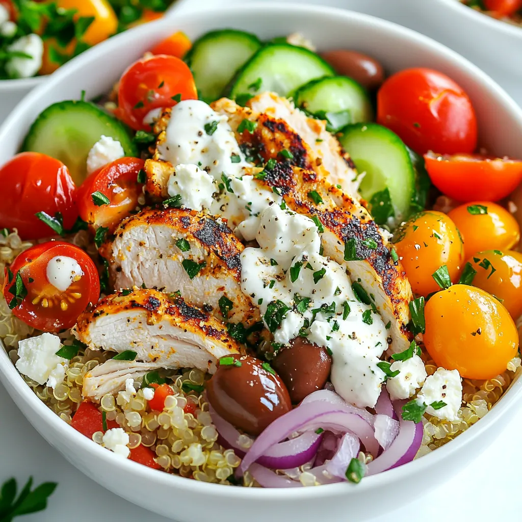 To make your leftover chicken gyro bowls, gather these items: - 2 cups leftover cooked chicken, shredded - 1 cup cooked quinoa or brown rice - 1 cup cucumber, diced - 1 cup cherry tomatoes, halved - ½ red onion, thinly sliced - ½ cup feta cheese, crumbled - ¼ cup Kalamata olives, pitted and halved - 1 cup Greek yogurt - 2 tablespoons tahini - 2 tablespoons lemon juice - 1 tablespoon olive oil - 1 teaspoon dried oregano - Salt and pepper to taste - Fresh parsley or dill, for garnish Each ingredient brings something special. The shredded chicken adds protein and flavor. I like using chicken that is seasoned with lemon, garlic, and herbs. It really boosts the dish! Quinoa or brown rice serves as a hearty base. They both provide fiber and help fill you up. Fresh cucumbers and cherry tomatoes give a crisp texture and bright taste. Feta cheese adds a creamy, salty touch, while Kalamata olives bring depth. The Greek yogurt combined with tahini serves as a creamy dressing. It ties all the flavors together. Lemon juice brightens the bowl, making every bite fresh. Dried oregano adds a hint of earthiness. If you don’t have an ingredient, here are some swaps: - Chicken: Use turkey or any leftover meat. - Quinoa or Rice: Try couscous or farro for a different grain. - Cucumber: Bell peppers or zucchini work well. - Tomatoes: Use diced bell peppers for sweetness. - Feta Cheese: Try goat cheese or skip it for a dairy-free option. - Greek Yogurt: Use sour cream or a dairy-free yogurt. - Tahini: Sunflower seed butter can replace tahini if needed. These swaps keep the dish tasty while using what you have on hand. Enjoy making your gyro bowls! {{ingredient_image_1}} To make the dressing, start with a medium bowl. Add one cup of Greek yogurt. Then, mix in two tablespoons of tahini and two tablespoons of lemon juice. Pour in one tablespoon of olive oil. Add salt, pepper, and one teaspoon of dried oregano to taste. Stir everything until it is smooth and well combined. Set this aside; it will add a rich flavor to your gyro bowl. Grab a large serving bowl. First, layer one cup of cooked quinoa or brown rice at the bottom. This base gives your bowl a hearty feel. Next, take two cups of shredded leftover chicken and place it on top of the grains. I love using chicken seasoned with lemon, garlic, and herbs for more taste. After that, add one cup of diced cucumber, one cup of halved cherry tomatoes, and half a red onion, thinly sliced, around the chicken. Now it’s time to add some cheese. Sprinkle half a cup of crumbled feta cheese and a quarter cup of halved Kalamata olives over the whole bowl. These ingredients add a salty and creamy touch. Finally, drizzle your tahini yogurt dressing generously on top. Layering is key to a great gyro bowl. Start with grains, as they soak up flavors and keep other items in place. Place the chicken next, as it’s the main star. Then, add your fresh veggies. This keeps them crunchy and vibrant. Distribute toppings like feta and olives evenly for balanced bites. Lastly, drizzle the dressing right before serving to keep everything fresh. If you want, let the bowl sit for 30 minutes in the fridge. This helps the flavors blend together nicely. Enjoy every bite of your delicious creation! To boost flavor, use fresh herbs like parsley or dill. They add a bright taste. You can also try adding lemon zest for a fresh kick. If you prefer heat, a pinch of red pepper flakes can spice things up. Mixing your dressing well helps blend all flavors. This makes every bite burst with taste. Shredding the chicken gives it a nice texture. You can heat it in a pan for a warm option. Just add a bit of olive oil and a splash of lemon juice. This method keeps the chicken juicy and enhances its flavor. You can also serve the chicken cold if that's your preference. Both ways work well. Meal prep saves time and makes cooking easier. Prepare the dressing ahead of time and store it in the fridge. You can also chop veggies early in the week. Store them in sealed bags or containers. Cook extra quinoa or rice, so it's ready to use. This way, you can assemble your gyro bowls in just minutes. Pro Tips Use Fresh Ingredients: Fresh vegetables and herbs will elevate the flavors of your gyro bowl. Consider using organic produce for the best taste. Customize Your Grains: Feel free to switch out quinoa or brown rice for other grains like farro or bulgur, depending on your preference or dietary needs. Make It Ahead: Prepare the tahini yogurt dressing and chop the vegetables ahead of time for a quick assembly when you're ready to eat. Flavor Boost: For an extra kick, add a pinch of cayenne or red pepper flakes to the dressing, or sprinkle some on top before serving. {{image_2}} You can make a tasty gyro bowl without meat. Swap the chicken for roasted chickpeas. They add protein and a nice crunch. You can also use grilled vegetables, like zucchini or bell peppers. They bring great flavor and color to your bowl. For a creamy texture, add avocado slices. This makes the dish rich and satisfying. Don't hesitate to customize your gyro bowl. You can add sliced radishes for a crunchy bite. Pickled onions add a zingy taste that wakes up the flavors. If you love heat, sprinkle some red pepper flakes on top. Fresh herbs like mint or cilantro can also brighten the dish. Get creative and make it your own! While quinoa and brown rice are great, you have other options. Try using farro or barley for a nutty flavor. Couscous is another quick choice; it cooks fast and tastes good. For a gluten-free option, use cauliflower rice. This keeps your meal light and fresh. Each grain gives a different texture, so pick what you enjoy most! To keep your leftover chicken gyro bowls fresh, store them in airtight containers. Divide the bowls into portions. This way, you can grab a serving easily. If you plan to eat them soon, they can stay in the fridge for up to three days. For longer storage, consider freezing the chicken and grains separately. This will help keep their texture and flavor. When you are ready to enjoy your gyro bowl, heat the chicken in the microwave. Place it on a microwave-safe plate and cover it with a damp paper towel. Heat for about one to two minutes. Stir halfway through to ensure even heating. If you stored the grains separately, warm them in the same way. After reheating, add fresh toppings like cucumber and tomatoes for a crunchy bite. To keep your ingredients fresh, store them properly. Keep diced cucumber and halved tomatoes in separate containers. This helps them stay crisp. Use the dressing right before serving to avoid soggy grains. If you have leftover feta or olives, store them in their brine or a little olive oil. These steps will keep your gyro bowl vibrant and tasty for your next meal. Yes, you can use any type of leftover chicken. Shredded, grilled, or rotisserie chicken works well. Just make sure the chicken is cooked and seasoned. The flavors of your leftover chicken add more taste to the bowl. You can store the gyro bowls in the fridge for up to three days. Place the bowls in an airtight container. This keeps the ingredients fresh. If you want to maintain the best taste, eat them within two days. If you don’t have Greek yogurt, you can use sour cream or a dairy-free yogurt. Both options give a creamy texture. You can also mix plain yogurt with a bit of lemon juice for a similar taste. This blog post covered how to make delicious chicken gyro bowls. We discussed the key ingredients, easy steps, and tips for flavor. You can even try fun variations and learn how to store your leftovers. Remember, you can swap ingredients easily to match your taste. These bowls are quick, tasty, and perfect for any meal. Try these tips, and make your meal prep a breeze! Enjoy every bite and create your own tasty version.