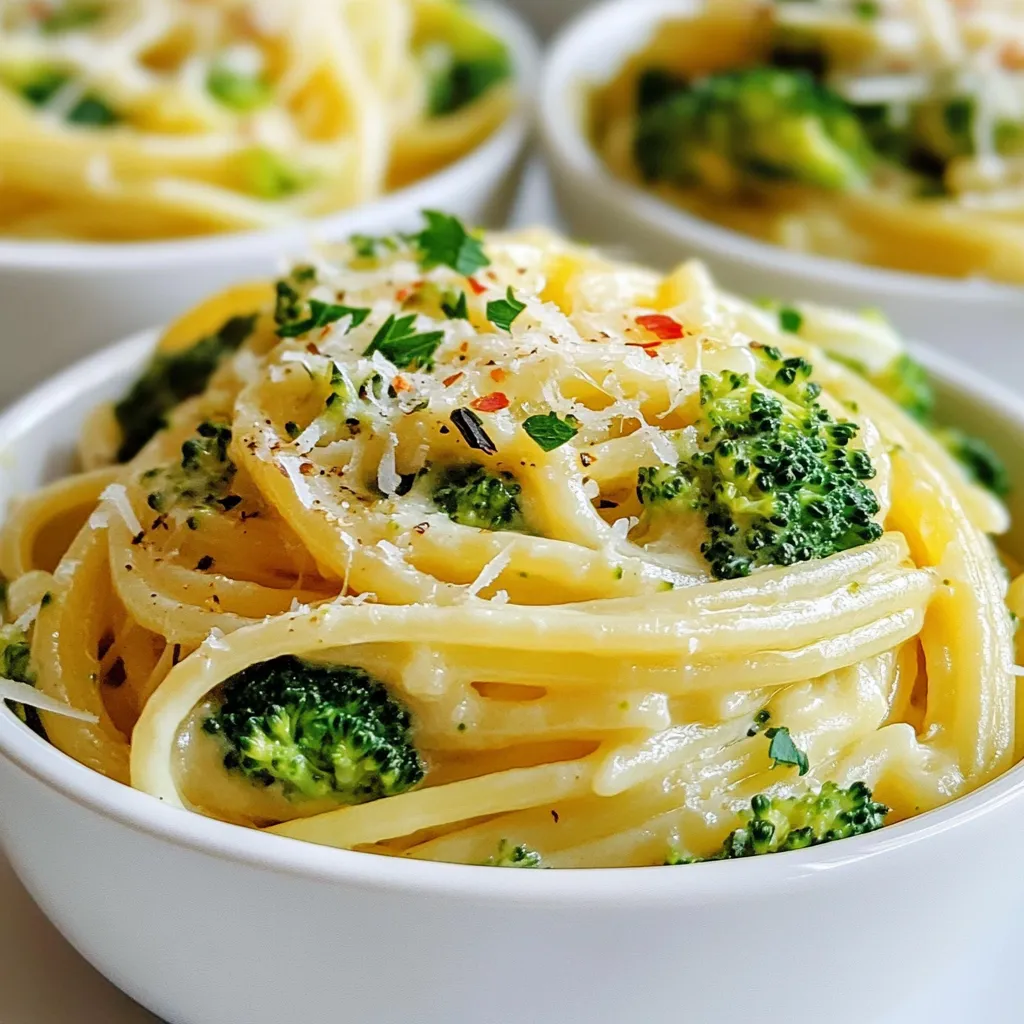 - 8 oz pasta (penne or fusilli) - 4 cups broccoli florets - 2 cups vegetable broth - 1 cup heavy cream - Coconut cream for dairy-free option - 1 tablespoon olive oil - 3 cloves garlic (minced) - Seasoning options: onion powder and Italian herbs To make One-Pot Creamy Broccoli Pasta, you need simple ingredients. First, select your pasta. Penne and fusilli are great choices. They hold sauce well and cook evenly. Next, you need fresh broccoli florets. The vibrant green adds nutrition and color to the dish. Vegetable broth is key. It infuses flavor into the pasta. Heavy cream adds richness. For a dairy-free option, coconut cream gives a nice twist. You cannot forget seasonings! Olive oil brings depth. Minced garlic adds a punch of flavor. Onion powder and Italian herbs enhance the taste. Salt and pepper are must-haves to round out the dish. With these ingredients, you set the stage for a creamy, delicious meal. Each element plays a role, making it easy to create a fantastic dish everyone will love! {{ingredient_image_1}} 1. In a large pot, heat 1 tablespoon of olive oil over medium heat. 2. Add 3 cloves of minced garlic and sautĂ© for about 1 minute. Make sure it smells nice but does not burn. 3. Next, add 8 oz of uncooked pasta, 2 cups of vegetable broth, 1 teaspoon of onion powder, and 1 teaspoon of dried Italian herbs to the pot. Mix everything well. 1. Bring the mixture to a boil. Once boiling, reduce the heat and let it simmer. 2. Cook uncovered for about 10 minutes. Stir occasionally until the pasta is al dente and most liquid is gone. 3. Now, add 4 cups of broccoli florets to the pot. Gently stir them in. 4. Pour in 1 cup of heavy cream (or coconut cream for a dairy-free option) and mix to combine. 1. Cook for another 3 to 4 minutes. You want the broccoli to be tender and the sauce to thicken a bit. 2. Remove the pot from heat. Stir in œ cup of grated Parmesan cheese until it melts and becomes creamy. 3. Season with salt and pepper to taste. 4. If you like some heat, sprinkle red pepper flakes on top before serving. To cook pasta just right, avoid overcooking. Start with a large pot of boiling water. Add salt for flavor. Cook the pasta until it's al dente, which means it should still have a slight bite. Stir the pasta often to keep it from sticking. This helps it cook evenly. To boost the taste, try adding spices like garlic powder or red pepper flakes. You can also mix in extra veggies like spinach or peas. Fresh herbs, like basil or parsley, add bright flavors. Dried herbs work too, but fresh herbs give the best taste. For a great plate presentation, serve the pasta in shallow bowls. Top with extra Parmesan cheese and a sprinkle of fresh herbs. Add a lemon wedge on the side for a fresh taste. Pair it with a light salad or a glass of white wine for a complete meal. Pro Tips Use Fresh Broccoli: Fresh broccoli not only adds vibrant color but also enhances the flavor and texture of the dish. Look for firm, bright green florets for the best quality. Cook Pasta Al Dente: Cooking pasta until it's al dente allows it to maintain a slight bite, which helps it hold up better in the creamy sauce and prevents it from becoming mushy. Customize the Creaminess: Adjust the amount of cream or coconut cream to your preference. For a lighter dish, use less cream, or try adding a splash of vegetable broth to thin it out. Add Protein: Consider adding cooked chicken, shrimp, or chickpeas to transform this pasta into a heartier meal, perfect for a satisfying lunch or dinner. {{image_2}} You can easily make this dish vegan. Just swap the Parmesan cheese for nutritional yeast. Nutritional yeast gives a cheesy flavor without any dairy. For a gluten-free option, choose gluten-free pasta. There are many brands available that taste great. Feel free to add other vegetables to your pasta. Peas, spinach, or bell peppers mix well with broccoli. You can also get creative with herbs and spices. Try using fresh basil or a pinch of smoked paprika for a new taste. Want to make it heartier? Add cooked chicken, shrimp, or beans. Chicken gives a nice protein boost and pairs well with the creamy sauce. Shrimp cooks fast and adds a seafood twist. Beans like chickpeas or white beans offer a plant-based protein option. Adding protein can turn this dish into a filling meal. After enjoying your one-pot creamy broccoli pasta, store any leftovers in the fridge. Use airtight containers to keep it fresh. Glass or BPA-free plastic containers work best. Make sure to let the pasta cool before sealing. This helps avoid moisture buildup. If you want to keep it longer, consider freezing. Divide the pasta into portions before freezing. Use freezer-safe bags or containers. Label them with the date for easy tracking. When it's time to enjoy your leftovers, you have two main options: microwave or stovetop. The microwave is quick but can make the pasta dry. To keep it creamy, add a splash of water or broth before reheating. Stir halfway through to heat evenly. The stovetop method is slower but gives better results. Heat a pan over low heat and add the pasta. Stir in a little cream or broth to maintain creaminess. Heat until warm, stirring often. In the fridge, your creamy broccoli pasta lasts about 3 to 4 days. Always check for signs of spoilage. If it smells sour or looks off, it's best to toss it. Look for any changes in texture or color too. If you notice mold, throw it away. Keeping an eye on your leftovers helps you enjoy them safely. This dish is quick! It takes about 10 minutes to prep and 15 minutes to cook. In total, you'll spend about 25 minutes from start to finish. That means you can whip up a tasty meal in no time. Yes, you can! Feel free to mix in your favorite veggies. Here are some great options: - Spinach - Peas - Zucchini - Bell peppers These choices add color and flavor. You can even use frozen vegetables if you're short on fresh ones. Absolutely! This pasta is great for meal prep. To store it, let it cool first. Then, place it in an airtight container. It will last in the fridge for up to three days. When you want to eat it, just reheat in the microwave or on the stove. Add a splash of broth or cream to keep it creamy. If you want a lighter sauce, you can swap heavy cream with: - Coconut cream - Cashew cream - Almond milk These options keep the dish tasty while cutting down on fat. This blog post gives you a clear guide to making creamy broccoli pasta. You learned about the key ingredients, cooking steps, and storage tips. With simple techniques and tasty variations, you can make this dish suit your taste. Remember, cooking is fun and allows you to be creative. Donât hesitate to customize the recipe and share it with friends. Enjoy your cooking journey!