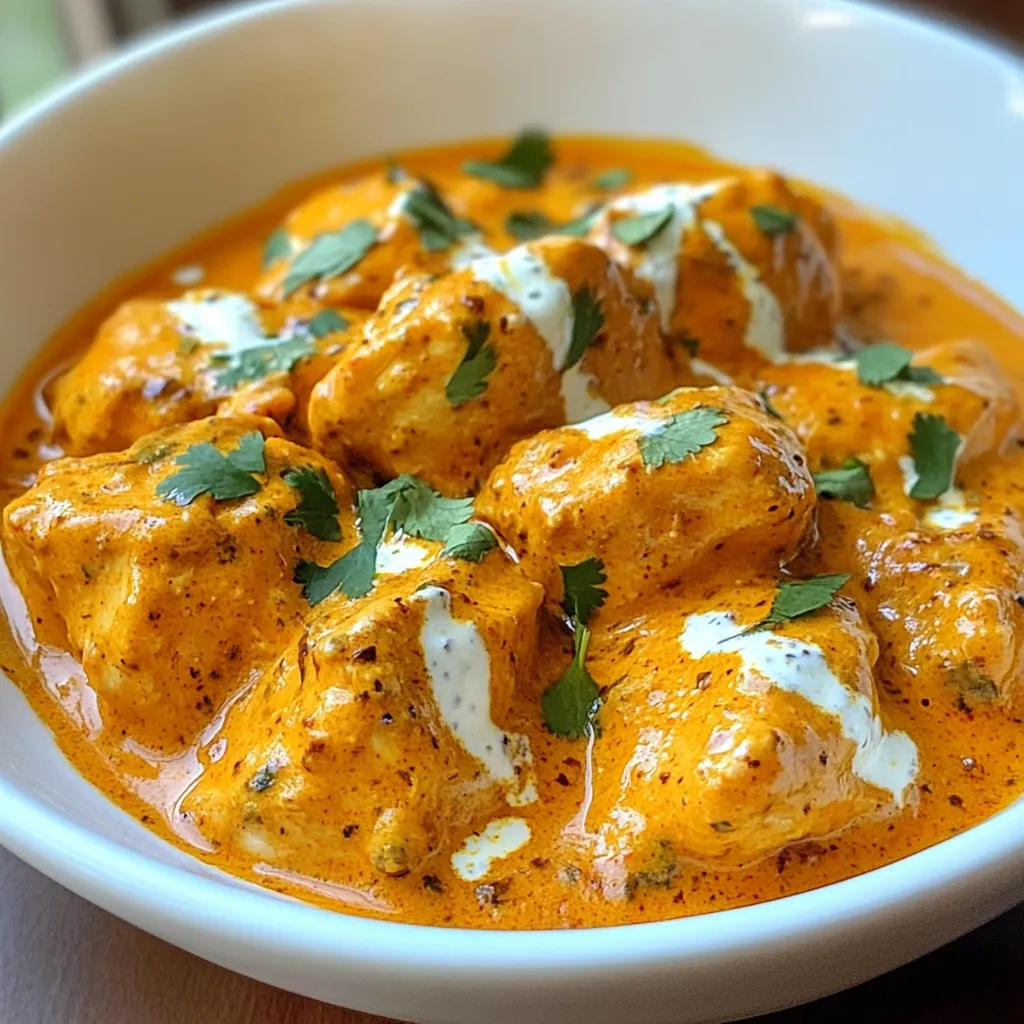 - 500g boneless chicken thighs, cut into pieces - 2 tablespoons yogurt - 1 tablespoon lemon juice - 2 teaspoons garam masala - 1 teaspoon turmeric powder - 1 teaspoon cumin powder - 1 tablespoon ginger-garlic paste - 2 tablespoons butter - 1 onion, finely chopped - 2 tomatoes, pureed - 100ml heavy cream - 1 teaspoon red chili powder (adjust to taste) - 1 tablespoon sugar - Salt to taste - Fresh cilantro, chopped (for garnish) Each ingredient plays a key role in making butter chicken rich and tasty. The chicken thighs give a tender bite. Yogurt and lemon juice help to tenderize the meat while adding tang. Garam masala, turmeric, and cumin add depth and warmth to the dish. You can swap chicken thighs for chicken breast if you prefer leaner meat. For a dairy-free option, try coconut cream instead of heavy cream. If you want it spicier, increase the red chili powder. This dish is all about balance. The sugar adds a hint of sweetness to cut the spice. Fresh cilantro makes a lovely finish, adding color and flavor. Enjoy experimenting with these ingredients to find your perfect mix! {{ingredient_image_1}} 1. Marinating the Chicken: Start by cutting 500g of boneless chicken thighs into pieces. In a bowl, combine the chicken with 2 tablespoons of yogurt, 1 tablespoon of lemon juice, 2 teaspoons of garam masala, 1 teaspoon of turmeric powder, 1 teaspoon of cumin powder, and 1 tablespoon of ginger-garlic paste. Mix well. Cover the bowl and let the chicken marinate for at least 30 minutes. For best results, marinate overnight in the fridge. This step adds deep flavor to the chicken. 2. Cooking the Chicken: Heat 1 tablespoon of butter in a pan over medium heat. Once the butter melts, add the marinated chicken. Cook for about 8-10 minutes until the chicken is browned and no longer pink. Use a spatula to stir the chicken gently. Once cooked, remove the chicken from the pan and set it aside. This helps keep the chicken juicy. 3. Making the Sauce: In the same pan, add the remaining tablespoon of butter. Toss in 1 finely chopped onion and sauté until it turns translucent and lightly golden. This should take about 5 minutes. Next, add 2 pureed tomatoes to the pan. Cook this mixture for 5-7 minutes, stirring often. You’ll know it’s ready when the oil starts to separate from the sauce. 4. Combining Chicken and Sauce: Lower the heat and stir in 100ml of heavy cream, 1 teaspoon of red chili powder (adjust to your taste), and 1 tablespoon of sugar. Mix everything well. Then, return the cooked chicken to the pan. Let it simmer for 10 minutes. This allows the chicken to absorb the flavors of the sauce. Add salt to taste. 5. Final Assembly and Garnishing: Once the chicken is tender and the sauce is thickened, it’s time to serve. Garnish with freshly chopped cilantro. This adds a nice touch and fresh flavor. Serve the butter chicken warm with rice or naan. Enjoy the rich, creamy goodness! - Perfecting the Marinade: For the best flavor, marinate your chicken for at least 30 minutes. If you can, let it sit overnight. This allows the spices to soak in deeply. Use fresh yogurt for a creamy texture. The lemon juice adds a nice tang. - Making the Sauce More Flavorful: Use ripe tomatoes for the sauce. They add sweetness and richness. Cook the tomato puree until the oil separates; this step boosts the flavors. Add a pinch of sugar to balance acidity. Don't skip the heavy cream; it makes the sauce rich and smooth. - Avoiding Overcooking the Chicken: Cook the chicken until it’s just done, about 8-10 minutes. Remove it from the pan as soon as it turns brown and no longer pink. The chicken will cook more in the sauce. Always check for doneness with a meat thermometer; 165°F is safe. Pro Tips Marination Magic: Marinate the chicken overnight for deeper flavor absorption and tenderness. Butter Balance: Use a mix of ghee and butter for a richer, more authentic taste. Tomato Texture: For a smoother sauce, blend the tomatoes until completely pureed before adding them to the pan. Spice Adjustment: Adjust the red chili powder according to your heat preference; start with less and add more as needed. {{image_2}} You can make butter chicken your own with some easy swaps. If you want a vegetarian dish, try using tofu or paneer. Both soak up flavor well and are good protein sources. For spices, you can mix it up. Try adding cardamom or cinnamon for warmth. You can also use smoked paprika for a different taste. These spices give your dish a unique twist. If you prefer a lighter option, swap heavy cream for coconut milk or cashew cream. Both will still give you a rich texture. You can also use low-fat yogurt for a tangy flavor without too many calories. These swaps can give you a new butter chicken experience. Experiment and enjoy! To keep your butter chicken fresh, store it in an airtight container. Let it cool before sealing the container. You can keep it in the fridge for up to three days. If you have more, freezing is a good option. Place it in a freezer-safe container. It can last for up to three months in the freezer. When it’s time to eat, reheating is easy. Start by taking it out of the fridge or freezer. If frozen, let it thaw in the fridge overnight. To reheat, use a pan on low heat. Stir often to prevent sticking. Add a splash of water or cream to keep it moist. Avoid using a microwave if you want to keep the flavors strong. If you want to freeze butter chicken, do it right after cooking. Let it cool first, then portion it out. Use small containers for easy use later. Label the containers with the date, so you know when to use them. For the best taste, eat it within two to three months. Butter Chicken, also called Murgh Makhani, comes from India. It began in Delhi in the 1950s. A restaurant called Moti Mahal made it famous. They used leftover chicken, cooked in a creamy tomato sauce. This dish mixes flavors from North Indian cooking. It has become popular worldwide for its rich taste. You can easily change the spice levels to suit your taste. If you want it milder, reduce the red chili powder. Start with half a teaspoon. You can also add more cream to tone down the heat. For a spicier dish, increase the chili powder. You can add green chilies for extra heat. Taste as you go to find your perfect balance. Yes, you can cook Butter Chicken in a slow cooker! First, marinate the chicken as usual. Then, add all the ingredients to the slow cooker. Cook on low for 6-8 hours or high for 3-4 hours. This method makes the chicken super tender. The flavors will blend well over time. Just stir in the cream before serving for a rich finish. This blog post breaks down the essentials of making Butter Chicken. We explored the ingredients and their roles. The step-by-step instructions guide you through marinating and cooking. Tips and tricks help you perfect your flavors and avoid mistakes. We also discussed fun variations, including vegetarian swaps. Lastly, I shared storage tips to keep your dish fresh. With these insights, you can enjoy Butter Chicken that tastes amazing every time. Keep experimenting and enjoy your cooking!