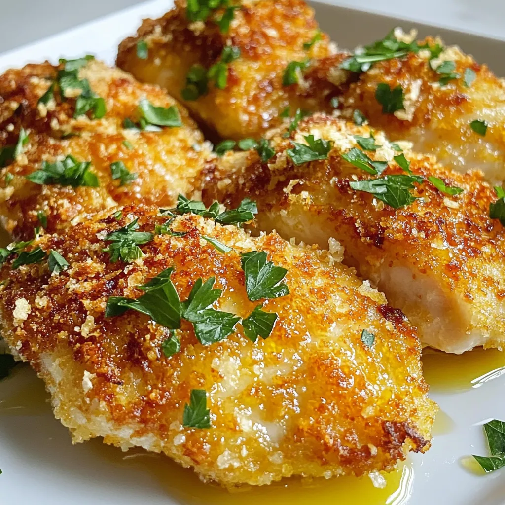 - 4 boneless, skinless chicken breasts - 1 cup grated Parmesan cheese - 1 cup panko breadcrumbs - 2 large eggs - 1 teaspoon garlic powder - 1 teaspoon onion powder - 1 teaspoon dried Italian herbs - Salt and pepper to taste - ¼ cup fresh parsley, chopped - Olive oil for drizzling You can switch cheeses. Try mozzarella or cheddar if you want a different taste. If you need gluten-free options, use gluten-free breadcrumbs. They work just as well. For dairy-free needs, use a dairy-free cheese that melts nicely. These swaps keep your meal tasty and fun! {{ingredient_image_1}} 1. Start by preheating your oven to 400°F (200°C). This helps cook the chicken evenly. 2. Line a baking sheet with parchment paper. This makes cleanup easy later. 3. In a shallow bowl, mix together the grated Parmesan cheese and panko breadcrumbs. 4. Add garlic powder, onion powder, dried Italian herbs, salt, and pepper. Stir well to blend the flavors. 1. In another bowl, whisk the two large eggs until they are well mixed. 2. Take a chicken breast and dip it into the egg mixture. Make sure to let any extra egg drip off. 3. Next, coat the chicken in the Parmesan-breadcrumb mixture. Press gently to make sure the crumbs stick well. 4. Place each coated chicken breast on the prepared baking sheet. 1. Drizzle a little olive oil over each chicken piece. This helps it get crispy. 2. Bake in the oven for about 25 to 30 minutes. 3. Use a meat thermometer to check if the chicken is done. It should reach 165°F (75°C) inside. 4. Once cooked, take the chicken out and let it rest for 5 minutes before serving. To make the crust super crispy, I always use panko breadcrumbs. They are lighter and give better crunch than regular breadcrumbs. When you coat the chicken, press the crumbs on firmly. This helps them stick well. Drizzling olive oil is key too. Use a light drizzle over each piece of chicken. This adds moisture and helps with browning. You can also spray the chicken with oil for even coverage. A little oil goes a long way in making that crust golden. You can bake or fry this chicken. Baking is easier and healthier. It keeps the chicken moist while the crust gets crispy. If you prefer frying, use a hot pan with oil. This gives a nice sear and flavor. For a faster option, try an air fryer. It cooks the chicken evenly and gets it crispy. You can also grill the chicken for a smoky taste. Just make sure to monitor it closely so it doesn’t dry out. Serve your Parmesan crusted chicken with simple sides. Fresh salads or roasted veggies pair well. You can also serve it with mashed potatoes for a hearty meal. For sauces, a lemon butter sauce brightens the dish. You can also try a creamy ranch or a tangy vinaigrette. These add flavor and complement the chicken nicely. Pro Tips Choose the Right Chicken: Opt for organic or free-range chicken breasts for better flavor and texture. Extra Crunch: For an even crunchier coating, double-dip the chicken in the egg and breadcrumb mixture before baking. Flavor Variations: Experiment with different herbs and spices, like smoked paprika or cayenne pepper, to customize the flavor profile. Resting Time: Allowing the chicken to rest after baking helps retain its juiciness and enhances the overall flavor. {{image_2}} You can spice up your Parmesan crusted chicken easily. For a spicy kick, add chili flakes to the breadcrumb mix. You can also use spicy seasoning blends. This will give your chicken a nice heat. Herbed variations are another great choice. Try mixing in fresh herbs like rosemary or thyme. You can also use spices like paprika or cumin. These additions will change the flavor profile and keep it interesting. You can choose how you cook your chicken. Baking gives a nice, even cook. It also allows the crust to get crispy. Air-frying is another option. It cooks faster and still gives a crunchy texture. If you prefer, you can cook the chicken in a skillet. Just heat some olive oil in the pan. Cook each piece for about 5-7 minutes per side. This method gives a delicious sear and flavor. Meal prep makes weeknight dinners easy. You can freeze the cooked chicken for later use. Wrap each piece tightly in foil or freezer bags. This keeps the chicken fresh for up to three months. When you are ready to eat, simply reheat it. The oven works best for this. Heat it at 350°F (175°C) for about 15 minutes. This helps keep the crust crispy. You can also use Parmesan crusted chicken in different meals. Slice it for salads, or serve it with pasta. It adds a tasty twist to many dishes. To keep your Parmesan Crusted Chicken fresh, store it in the fridge. Place it in an airtight container. This helps lock in moisture and flavor. It stays good for about 3 to 4 days. If you want to keep it longer, freezing is a great option. Wrap each piece tightly in plastic wrap. Then, place it in a freezer bag. This method prevents freezer burn. You can freeze it for up to 3 months. When you're ready to enjoy leftovers, you have two main choices: the oven or the microwave. The oven is best for reheating. Preheat it to 350°F (175°C). Place the chicken on a baking sheet. Heat for about 15-20 minutes. This keeps the crust crispy. If you use the microwave, be careful. It heats quickly and may make the chicken soggy. To avoid this, cover the chicken with a paper towel. Heat in short bursts, checking often. For the best results, remember to maintain that crispy crust. If you go the oven route, a quick drizzle of olive oil can help refresh the crust. Enjoy your flavorful meal! How long does Parmesan Crusted Chicken last in the fridge? Parmesan Crusted Chicken lasts about 3 to 4 days in the fridge. Store it in an airtight container to keep it fresh. Can this recipe be made ahead of time? Yes, you can prep the chicken and coat it the night before. Just cover it and keep it in the fridge. Bake it just before serving for a warm meal. Is it necessary to use fresh parsley for garnish? Using fresh parsley adds color and bright flavor. However, if you don’t have it, you can skip it. The chicken will still taste great! What temperature should chicken be cooked to? Chicken should reach an internal temperature of 165°F (75°C). Use a meat thermometer to check this. Can I substitute chicken thighs in this recipe? Yes, you can use chicken thighs instead of breasts. Just adjust the cooking time, as thighs may take a bit longer to cook. How can I make this recipe gluten-free? To make this recipe gluten-free, use gluten-free breadcrumbs. You can also use crushed nuts for a tasty twist! This blog post covered everything you need for delicious Parmesan Crusted Chicken. We explored key ingredients, smart substitutions, and effective cooking methods. You learned tips for extra crispiness and creative meal variations. Remember, cooking should be fun and adaptable! Experiment with flavors, try different methods, and enjoy your meals. With these guidelines, you can make a tasty dish that your family will love. Happy cooking!