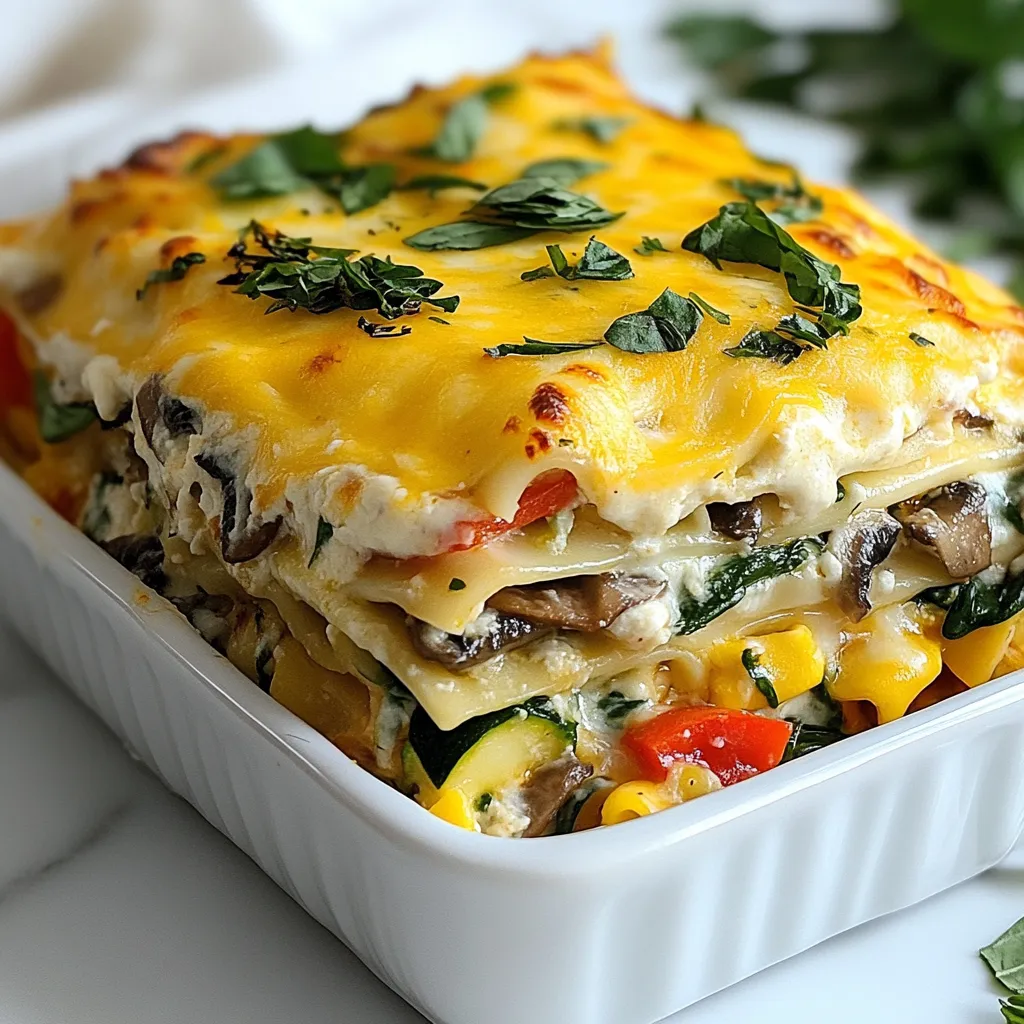 To make Loaded Veggie White Lasagna, gather these key ingredients: - 9 lasagna noodles - 2 cups ricotta cheese - 2 cups shredded mozzarella cheese - 1 cup grated Parmesan cheese - 3 cups fresh spinach - 1 cup sliced mushrooms - 1 zucchini, thinly sliced - 1 red bell pepper, diced - 2 cloves garlic, minced - 1 teaspoon dried oregano - 1 teaspoon dried basil - ½ teaspoon red pepper flakes (optional) - 4 cups alfredo sauce (store-bought or homemade) - Olive oil - Salt and pepper to taste These ingredients create a rich and creamy lasagna that bursts with flavor. In this dish, cheese plays a big role. Ricotta cheese adds a creamy texture and a mild taste. It blends well with the other ingredients. Mozzarella cheese melts beautifully, giving the dish that classic lasagna stretch. It adds a nice gooeyness. Parmesan cheese brings a sharp, salty flavor that enhances every bite. Together, these cheeses create a balanced taste that keeps you coming back for more. Flavors in Loaded Veggie White Lasagna come from fresh and dried herbs. Oregano and basil add an earthy taste that complements the vegetables. Garlic boosts the overall flavor, making every bite savory. Red pepper flakes provide a hint of heat, but you can skip them if you prefer. The combination of these spices creates a delicious depth that truly shines through. {{ingredient_image_1}} To start, bring a large pot of salted water to a boil. Add the lasagna noodles one at a time. Cook them for about 8 to 10 minutes. Check the package for specific times. Once they are soft, drain them and set aside. You want them slightly firm, so they hold up in the layers. Next, grab a large skillet. Heat 1 tablespoon of olive oil over medium heat. Add the minced garlic and let it cook for 30 seconds. It should smell great! Now, toss in the sliced mushrooms, zucchini, and diced red bell pepper. Sauté these for about 5 minutes until they become tender. Stir in the fresh spinach next. Cook just until it wilts down. Season with oregano, basil, red pepper flakes, salt, and pepper. Mix well and then remove the skillet from the heat. Now it's time to layer the lasagna! First, take a 9x13 inch baking dish. Spread 1 cup of alfredo sauce at the bottom. Next, place 3 lasagna noodles over the sauce. Spread half of the ricotta mixture over the noodles. Then, add half of the sautéed veggie mix. Pour another cup of alfredo sauce over the top. Repeat this step with 3 more noodles, the remaining ricotta, the leftover veggies, and another cup of alfredo sauce. Finally, lay down the last 3 noodles. Spread the last of the alfredo sauce on top. Sprinkle the remaining mozzarella and Parmesan cheese over everything. Cover the dish with foil to stop sticking. Bake at 375°F (190°C) for 25 minutes. After that, remove the foil and keep baking for another 15 to 20 minutes. You want the cheese to be bubbly and golden brown. Let the lasagna cool for 10 minutes before slicing. Enjoy your loaded veggie white lasagna! To keep your lasagna from being soggy, focus on the moisture. Drain the cooked noodles well. Use fresh veggies and sauté them to reduce their water. Also, avoid adding too much sauce between layers. You want a nice balance of sauce and filling. Layering is key for a great lasagna. Start with a thin layer of sauce at the bottom. Place three noodles on top. Then, spread half of the ricotta mix. Add half of the veggies and pour one cup of sauce. Repeat this two times for great flavor and texture. Finish with noodles, sauce, and cheese on top. You can use store-bought or homemade alfredo sauce. If you choose store-bought, pick one with simple ingredients. Look for a sauce that has a creamy texture. If you make your own, use butter, cream, and Parmesan cheese. This gives the best taste and pairs well with the veggies. Pro Tips Use Fresh Veggies: Fresh vegetables not only enhance the flavor of your lasagna but also add more nutrients. Opt for seasonal produce for the best taste. Layering Technique: Ensure even cooking by layering your ingredients strategically. Start with sauce at the bottom to prevent sticking, and alternate between cheese and veggies for a balanced texture. Make it Ahead: This lasagna can be assembled a day in advance. Just cover it tightly with foil and store it in the refrigerator. Bake it straight from the fridge, adding a few extra minutes to the cooking time. Customization: Feel free to customize this recipe by adding other vegetables or proteins like grilled chicken or ricotta cheese to suit your taste preferences. {{image_2}} You can make this lasagna your own by adding extra veggies. Try adding carrots, broccoli, or eggplant. Use what you have in your fridge. Each vegetable adds a new flavor and texture. For a twist, consider adding artichokes or roasted red peppers. They bring a great taste that pairs well with the creamy sauce. If you need a gluten-free meal, swap the lasagna noodles with gluten-free ones. Many brands offer tasty options made from rice or corn. Just check the package for cooking times. You can also use thin slices of zucchini as a noodle substitute. This keeps it light and fresh while being gluten-free. For those who love heat, add more red pepper flakes to the veggie mix. You can also sprinkle some crushed red pepper on top before baking. If you crave more cheese, layer in extra mozzarella or try a sharp cheddar. This will give it a wonderful flavor and meltiness. Each variation helps you create a dish that fits your taste perfectly. To keep your loaded veggie white lasagna fresh, cool it to room temperature. Then, cover it tightly with plastic wrap or aluminum foil. You can also place it in an airtight container. Store it in the fridge for up to four days. Make sure not to leave it out too long to avoid spoilage. When you’re ready to enjoy leftovers, preheat your oven to 350°F (175°C). Place your lasagna in an oven-safe dish. Cover it with foil to keep it moist. Heat for about 20-25 minutes, or until it’s hot throughout. You can also reheat individual portions in the microwave for quick meals. Just be careful not to overcook. If you want to save some for later, freezing works well! Slice the lasagna into portions and wrap each slice in plastic wrap. Then, place them in a freezer-safe bag or container. You can keep it frozen for up to three months. When you're ready to eat, thaw it in the fridge overnight. Reheat it as mentioned above for a tasty meal anytime! Yes, you can use no-boil lasagna noodles. They save time and effort. Just layer them with sauce as you would regular noodles. They will soften during baking. Make sure your sauce is not too thick. This helps the noodles cook properly. If you need a substitute for ricotta cheese, try cottage cheese. Blend it for a smoother texture. You can also use cream cheese mixed with sour cream. This gives a rich flavor. Tofu is a great dairy-free option too. Blend it with a little lemon juice for extra taste. You can keep the lasagna in the refrigerator for about 3 to 5 days. Store it in an airtight container. If your lasagna has not been cut, it will stay fresh longer. Always check for any signs of spoilage before eating. Absolutely! You can use marinara or pesto sauce instead of alfredo. Each sauce gives a unique flavor. If you prefer a lighter option, try a white wine sauce. Just make sure to balance the flavors with your chosen veggies. In this blog post, we explored how to create a delicious lasagna. We covered key ingredients like cheeses and spices, as well as step-by-step instructions for cooking. You learned tips for avoiding soggy layers and ways to customize your dish. We also discussed storing leftovers and answered common questions. Remember, making lasagna is both fun and rewarding. Enjoy your cooking, and share your tasty creations with family and friends!
