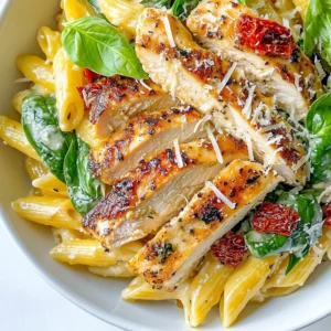 - 2 boneless, skinless chicken breasts - 8 oz penne pasta - 2 tablespoons olive oil - 3 cloves garlic, minced - 1 cup heavy cream - 1 cup sun-dried tomatoes, chopped - 1 cup spinach - 1 teaspoon Italian seasoning - ½ teaspoon red pepper flakes (optional) - Salt and pepper to taste - ½ cup grated Parmesan cheese - Fresh basil leaves for garnish Each ingredient plays a key role in making this dish special. The chicken breasts add protein and flavor. The penne pasta gives the meal a hearty base. Olive oil helps sear the chicken and adds richness. Garlic brings a strong aroma and taste. Heavy cream creates a rich, creamy sauce. Sun-dried tomatoes provide a tangy punch. Spinach adds color and nutrients. Italian seasoning ties all the flavors together. Red pepper flakes add heat, but you can skip them if you prefer mild. Salt and pepper enhance all the tastes. Parmesan cheese gives a salty, nutty finish. Fresh basil adds a burst of freshness. When choosing chicken, look for breasts that are firm and pink. They should not have any off-smells. For pasta, select a brand that lists durum wheat as the main ingredient. This ensures good texture. When picking olive oil, choose extra virgin for its rich flavor. Fresh garlic should feel firm and smell strong. For sun-dried tomatoes, pick those packed in oil for better taste. Fresh spinach should look vibrant and crisp. When buying Parmesan cheese, choose a block to grate yourself for best flavor. Always opt for fresh basil with bright green leaves. These tips will help you create an amazing Marry Me Chicken Pasta. {{ingredient_image_1}} Start by boiling a large pot of salted water. Once it boils, add 8 oz of penne pasta. Cook the pasta as the package says until it is al dente. This should take about 10-12 minutes. Drain the pasta and set it aside for later. While the pasta cooks, heat 2 tablespoons of olive oil in a large skillet. Season 2 boneless, skinless chicken breasts with salt, pepper, and 1 teaspoon of Italian seasoning. When the oil is hot, add the chicken. Cook each side for 5-7 minutes until golden brown and fully cooked. Remove the chicken and let it rest before slicing it into strips. In the same skillet, add 3 cloves of minced garlic. Sauté for about 1 minute until you smell the garlic. Then pour in 1 cup of heavy cream and stir well. Bring this to a gentle simmer. Add in 1 cup of chopped sun-dried tomatoes and 1 cup of spinach. If you like heat, add ½ teaspoon of red pepper flakes. Cook until the spinach wilts, which takes about 2-3 minutes. Stir in ½ cup of grated Parmesan cheese until the sauce is creamy and thick. Now, add the drained pasta to the skillet. Toss it well to coat in the sauce. Slice the rested chicken and place it on top of the pasta. Serve the Marry Me Chicken Pasta in bowls or on plates. Garnish with fresh basil leaves for a pop of color. Enjoy this delightful dish! To cook perfect chicken, use boneless and skinless breasts. They cook evenly and stay juicy. Season them well with salt, pepper, and Italian herbs. Heat olive oil in a skillet until hot. Sear the chicken for 5-7 minutes per side. This gives it a nice golden color. Let it rest before slicing. This keeps the juices inside. For a creamy sauce, use heavy cream. Start by sautéing garlic until it smells good. Then pour in the cream and bring it to a gentle simmer. Add sun-dried tomatoes and spinach next. The sauce should thicken nicely as you cook. Stir in grated Parmesan for added creaminess. If it’s too thick, add a splash of pasta water to loosen it. Garnish is key for making your dish look great. Serve the pasta in a wide bowl. Add fresh basil leaves on top. Sprinkle extra Parmesan cheese for flavor and color. This makes the dish more inviting. A beautiful presentation can make the meal even more special. Pro Tips Rest the Chicken: After cooking, let the chicken breasts rest for a few minutes before slicing. This helps retain the juices, making your chicken more tender and flavorful. Use Fresh Spinach: For the best flavor and texture, opt for fresh spinach instead of frozen. It wilts beautifully and adds a vibrant color to the dish. Perfect Pasta: To avoid mushy pasta, cook it just until al dente, as it will continue to cook slightly when tossed with the sauce. Customize the Heat: If you prefer a spicier dish, feel free to increase the amount of red pepper flakes or add a dash of hot sauce to the sauce. {{image_2}} You can make Marry Me Chicken Pasta even better by adding more veggies. Try bell peppers for a sweet crunch. Mushrooms add a nice earthy flavor. You can also use zucchini or asparagus for a fresh taste. If you want to keep it light, swap in cauliflower or broccoli. Just chop them small so they cook fast. If you like heat, add more red pepper flakes. Start with a pinch and taste. You can also mix in jalapeños for a bold kick. Adding a dash of hot sauce gives a nice zing. Just remember, it’s easier to add heat than to take it away. Go slow and find your perfect spice level. To make this dish gluten-free, use gluten-free pasta. There are many brands available that taste great. You can also swap the pasta for zucchini noodles or spaghetti squash. These options lower carbs and add more veggies. Both are tasty and keep the dish light and fresh. To keep your Marry Me Chicken Pasta fresh, first let it cool. Place it in an airtight container. Store it in the fridge for up to three days. Make sure to seal it well to prevent drying. When you're ready to enjoy leftovers, heat them on the stove. Add a splash of cream or water to keep it moist. Stir over low heat until warmed through. You can also use the microwave. Cover the dish and heat for one to two minutes. Check and stir halfway to ensure even heating. If you want to save it for later, freezing works well. Use a freezer-safe container or bag. Portion it out for easy meals. Label it with the date, and it will last up to three months. To thaw, place it in the fridge overnight before reheating. This keeps the texture nice and creamy. Marry Me Chicken Pasta is a creamy, rich dish with chicken and pasta. The dish features penne pasta, sun-dried tomatoes, and spinach. It also has a luscious sauce made with heavy cream and Parmesan cheese. Many say it is so good, one might propose after a meal! Yes, you can make Marry Me Chicken Pasta ahead of time. Cook the pasta and chicken, then let them cool. Store them separately in airtight containers. When you're ready to serve, reheat them and mix them with the sauce. This method keeps flavors fresh and ensures a great meal. Pairing side dishes with Marry Me Chicken Pasta enhances your meal. Here are some great options: - Garlic bread for a crunchy side. - A fresh green salad with a light vinaigrette. - Roasted vegetables like zucchini or asparagus. - A simple caprese salad with tomatoes and mozzarella. To serve more people, simply double the ingredients. Use four chicken breasts and increase the pasta to 16 oz. Adjust the sauce by adding more cream and cheese. Make sure to have a big enough pot for cooking. This way, everyone will enjoy this tasty dish! We explored every part of making Marry Me Chicken Pasta, from ingredients to serving tips. Choosing fresh ingredients enhances the dish. Cooking methods and sauce tips ensure your meal shines. Don't hesitate to switch up ingredients for your taste. Store leftovers well for another day. By following these steps, you will impress anyone at your table. Enjoy making this delicious meal today!
