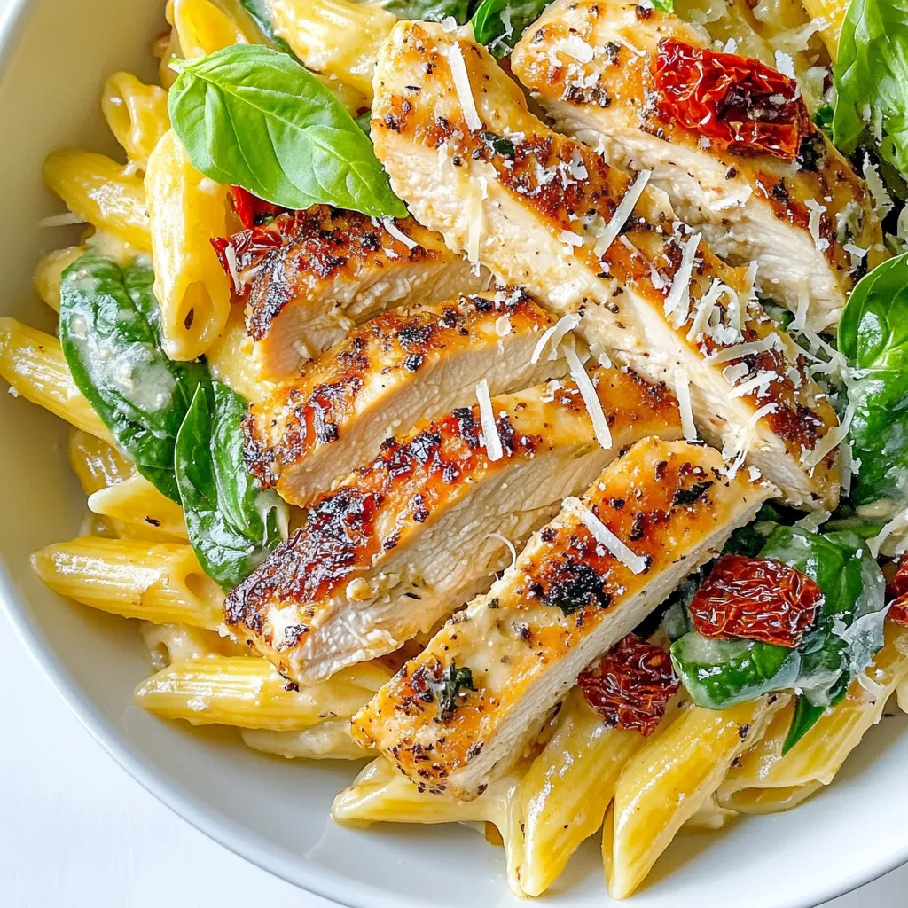 - 2 boneless, skinless chicken breasts - 8 oz penne pasta - 2 tablespoons olive oil - 3 cloves garlic, minced - 1 cup heavy cream - 1 cup sun-dried tomatoes, chopped - 1 cup spinach - 1 teaspoon Italian seasoning - ½ teaspoon red pepper flakes (optional) - Salt and pepper to taste - ½ cup grated Parmesan cheese - Fresh basil leaves for garnish Each ingredient plays a key role in making this dish special. The chicken breasts add protein and flavor. The penne pasta gives the meal a hearty base. Olive oil helps sear the chicken and adds richness. Garlic brings a strong aroma and taste. Heavy cream creates a rich, creamy sauce. Sun-dried tomatoes provide a tangy punch. Spinach adds color and nutrients. Italian seasoning ties all the flavors together. Red pepper flakes add heat, but you can skip them if you prefer mild. Salt and pepper enhance all the tastes. Parmesan cheese gives a salty, nutty finish. Fresh basil adds a burst of freshness. When choosing chicken, look for breasts that are firm and pink. They should not have any off-smells. For pasta, select a brand that lists durum wheat as the main ingredient. This ensures good texture. When picking olive oil, choose extra virgin for its rich flavor. Fresh garlic should feel firm and smell strong. For sun-dried tomatoes, pick those packed in oil for better taste. Fresh spinach should look vibrant and crisp. When buying Parmesan cheese, choose a block to grate yourself for best flavor. Always opt for fresh basil with bright green leaves. These tips will help you create an amazing Marry Me Chicken Pasta. {{ingredient_image_1}} Start by boiling a large pot of salted water. Once it boils, add 8 oz of penne pasta. Cook the pasta as the package says until it is al dente. This should take about 10-12 minutes. Drain the pasta and set it aside for later. While the pasta cooks, heat 2 tablespoons of olive oil in a large skillet. Season 2 boneless, skinless chicken breasts with salt, pepper, and 1 teaspoon of Italian seasoning. When the oil is hot, add the chicken. Cook each side for 5-7 minutes until golden brown and fully cooked. Remove the chicken and let it rest before slicing it into strips. In the same skillet, add 3 cloves of minced garlic. Sauté for about 1 minute until you smell the garlic. Then pour in 1 cup of heavy cream and stir well. Bring this to a gentle simmer. Add in 1 cup of chopped sun-dried tomatoes and 1 cup of spinach. If you like heat, add ½ teaspoon of red pepper flakes. Cook until the spinach wilts, which takes about 2-3 minutes. Stir in ½ cup of grated Parmesan cheese until the sauce is creamy and thick. Now, add the drained pasta to the skillet. Toss it well to coat in the sauce. Slice the rested chicken and place it on top of the pasta. Serve the Marry Me Chicken Pasta in bowls or on plates. Garnish with fresh basil leaves for a pop of color. Enjoy this delightful dish! To cook perfect chicken, use boneless and skinless breasts. They cook evenly and stay juicy. Season them well with salt, pepper, and Italian herbs. Heat olive oil in a skillet until hot. Sear the chicken for 5-7 minutes per side. This gives it a nice golden color. Let it rest before slicing. This keeps the juices inside. For a creamy sauce, use heavy cream. Start by sautéing garlic until it smells good. Then pour in the cream and bring it to a gentle simmer. Add sun-dried tomatoes and spinach next. The sauce should thicken nicely as you cook. Stir in grated Parmesan for added creaminess. If it’s too thick, add a splash of pasta water to loosen it. Garnish is key for making your dish look great. Serve the pasta in a wide bowl. Add fresh basil leaves on top. Sprinkle extra Parmesan cheese for flavor and color. This makes the dish more inviting. A beautiful presentation can make the meal even more special. Pro Tips Rest the Chicken: After cooking, let the chicken breasts rest for a few minutes before slicing. This helps retain the juices, making your chicken more tender and flavorful. Use Fresh Spinach: For the best flavor and texture, opt for fresh spinach instead of frozen. It wilts beautifully and adds a vibrant color to the dish. Perfect Pasta: To avoid mushy pasta, cook it just until al dente, as it will continue to cook slightly when tossed with the sauce. Customize the Heat: If you prefer a spicier dish, feel free to increase the amount of red pepper flakes or add a dash of hot sauce to the sauce. {{image_2}} You can make Marry Me Chicken Pasta even better by adding more veggies. Try bell peppers for a sweet crunch. Mushrooms add a nice earthy flavor. You can also use zucchini or asparagus for a fresh taste. If you want to keep it light, swap in cauliflower or broccoli. Just chop them small so they cook fast. If you like heat, add more red pepper flakes. Start with a pinch and taste. You can also mix in jalapeños for a bold kick. Adding a dash of hot sauce gives a nice zing. Just remember, it’s easier to add heat than to take it away. Go slow and find your perfect spice level. To make this dish gluten-free, use gluten-free pasta. There are many brands available that taste great. You can also swap the pasta for zucchini noodles or spaghetti squash. These options lower carbs and add more veggies. Both are tasty and keep the dish light and fresh. To keep your Marry Me Chicken Pasta fresh, first let it cool. Place it in an airtight container. Store it in the fridge for up to three days. Make sure to seal it well to prevent drying. When you're ready to enjoy leftovers, heat them on the stove. Add a splash of cream or water to keep it moist. Stir over low heat until warmed through. You can also use the microwave. Cover the dish and heat for one to two minutes. Check and stir halfway to ensure even heating. If you want to save it for later, freezing works well. Use a freezer-safe container or bag. Portion it out for easy meals. Label it with the date, and it will last up to three months. To thaw, place it in the fridge overnight before reheating. This keeps the texture nice and creamy. Marry Me Chicken Pasta is a creamy, rich dish with chicken and pasta. The dish features penne pasta, sun-dried tomatoes, and spinach. It also has a luscious sauce made with heavy cream and Parmesan cheese. Many say it is so good, one might propose after a meal! Yes, you can make Marry Me Chicken Pasta ahead of time. Cook the pasta and chicken, then let them cool. Store them separately in airtight containers. When you're ready to serve, reheat them and mix them with the sauce. This method keeps flavors fresh and ensures a great meal. Pairing side dishes with Marry Me Chicken Pasta enhances your meal. Here are some great options: - Garlic bread for a crunchy side. - A fresh green salad with a light vinaigrette. - Roasted vegetables like zucchini or asparagus. - A simple caprese salad with tomatoes and mozzarella. To serve more people, simply double the ingredients. Use four chicken breasts and increase the pasta to 16 oz. Adjust the sauce by adding more cream and cheese. Make sure to have a big enough pot for cooking. This way, everyone will enjoy this tasty dish! We explored every part of making Marry Me Chicken Pasta, from ingredients to serving tips. Choosing fresh ingredients enhances the dish. Cooking methods and sauce tips ensure your meal shines. Don't hesitate to switch up ingredients for your taste. Store leftovers well for another day. By following these steps, you will impress anyone at your table. Enjoy making this delicious meal today!