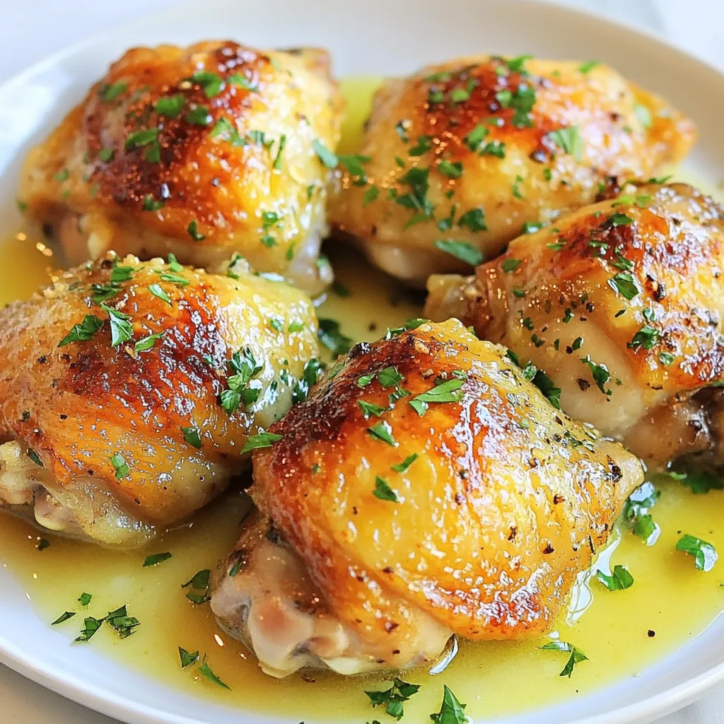- 4 chicken thighs, bone-in, skin-on - Salt and pepper to taste - 3 tablespoons unsalted butter - 4 cloves garlic, minced - Zest and juice of 1 large lemon - 1 teaspoon dried thyme - 1 teaspoon dried oregano - Fresh parsley, chopped (for garnish) The first step is choosing the right chicken. I love using bone-in, skin-on thighs. They stay juicy and have great flavor. You will want to season them well with salt and pepper. This makes a big difference in taste. Next, I focus on the flavor. I melt unsalted butter in a skillet. The smell of butter is so inviting. After it melts, I add minced garlic. I cook it just until it becomes fragrant. Then, I mix in lemon zest and juice. This brightens the dish so much! Now, dried herbs play a key role. I use thyme and oregano. They add depth to the flavor. You can also experiment with other herbs if you like. Finally, a sprinkle of fresh parsley adds a pop of color. It makes the dish look beautiful and fresh. These ingredients come together to make a rich, zesty meal that you will love. {{ingredient_image_1}} 1. Preheat your oven to 375°F (190°C). 2. Dry the chicken thighs with a paper towel. This helps the skin get crispy. 3. Season both sides of the chicken generously with salt and pepper. This brings out the flavor. 1. Melt the butter in an oven-safe skillet over medium heat. 2. Add minced garlic to the melted butter. Cook it for about 30 seconds. You want it fragrant, not browned. 3. Stir in lemon zest, juice, thyme, and oregano. Let this cook for one minute. This mix adds a fresh taste. 1. Place the chicken thighs in the skillet, skin side down. 2. Sear the chicken for 5-7 minutes. Look for crispy, golden skin. 3. Flip the chicken over. Spoon some garlic butter on top. 4. Transfer the skillet to the oven. Roast the chicken for 25-30 minutes. Check that it reaches 165°F (75°C) inside. 5. Remove the skillet from the oven. Let the chicken rest for 5 minutes. 6. Garnish with fresh parsley before serving. This adds color and flavor. To get perfect, crispy skin on your chicken thighs, start with drying them well. Use paper towels to pat each thigh dry. This step removes moisture, which helps the skin crisp up when cooked. After drying, season them with salt and pepper. This also helps draw out moisture. Sear the chicken in a hot skillet, skin side down. Cook for about 5-7 minutes. You want the skin to turn golden brown. This method locks in flavor and gives a nice crunch. For extra flavor, consider adding fresh herbs like rosemary or basil. You can also add a pinch of red pepper flakes for a bit of heat. If you like citrus, try using lime or orange juice along with the lemon. Taste the garlic butter sauce as you cook. Adjust the seasoning with more salt or pepper if needed. You want the chicken to burst with flavor, so don’t be shy! One big mistake is overcooking the chicken thighs. This can make them dry. Use a meat thermometer to check the internal temperature. It should be 165°F (75°C). Another common error is not letting the chicken rest after cooking. Resting for 5 minutes allows the juices to redistribute. This makes each bite more juicy and tender. Enjoy the process and watch your chicken shine! Pro Tips Use Fresh Ingredients: Fresh garlic and lemon zest will elevate the flavor of the dish significantly compared to dried or bottled versions. Let it Rest: Allow the chicken to rest for a few minutes after cooking to ensure the juices redistribute, keeping the meat moist and flavorful. Customize Seasoning: Feel free to add your favorite herbs or spices to the garlic butter mixture for a personal touch, such as rosemary or smoked paprika. Check Temperature: Use a meat thermometer to ensure the chicken thighs reach an internal temperature of 165°F (75°C) for safe consumption. {{image_2}} You can change the chicken thighs for chicken breasts. Chicken breasts are leaner and cook faster. They still absorb the lemon and garlic flavors well. If you want a lighter dish, use less butter. You could swap some butter for olive oil. This change keeps the taste while cutting down on fat. Want to spice things up? Add red pepper flakes to the garlic butter mix. This gives your dish a nice kick. You can also play with citrus flavors. Try lime or orange juice instead of lemon. Each fruit offers a unique zest and aroma. Air frying is a quick way to cook this dish. It makes the skin crispy without much oil. For a smoky flavor, grill the chicken instead. Grilling adds a nice char and depth to the dish. Both methods can create a tasty meal. Choose what suits your time and style best! To store leftovers properly, place the chicken in an airtight container. Make sure it cools to room temperature before sealing. This helps keep it fresh. The shelf life in the fridge is about 3 to 4 days. Always check for any off smells or changes in texture before eating. For freezing cooked chicken, wrap the thighs tightly in plastic wrap. Then, place them in a freezer-safe bag. This will protect the chicken from freezer burn. Best practices suggest using the chicken within 2 to 3 months for best flavor. When you thaw, place it in the fridge overnight. This helps maintain the chicken's juicy texture. To reheat without drying it out, the oven is best. Preheat it to 350°F (175°C). Place the chicken in an oven-safe dish and cover it with foil. Bake for about 15-20 minutes until heated through. The microwave is quicker but may dry out the chicken. If you use it, heat in short bursts and check often. You can serve many sides with Lemon Garlic Butter Chicken Thighs. Here are some great options: - Roasted vegetables: Carrots, asparagus, or Brussels sprouts add color and nutrition. - Mashed potatoes: Creamy potatoes soak up the tasty sauce. - Rice: White or brown rice works well to balance the dish. - Quinoa: This grain adds protein and a nice crunch. - Salads: A crisp green salad with a simple vinaigrette complements the rich flavors. Each of these sides creates a full meal that your family will love. Yes, you can use boneless chicken thighs. Here’s what to know: - Cooking time: Boneless thighs cook faster than bone-in. Reduce cooking time by 10 minutes. - Texture: Bone-in thighs have a richer flavor and stay juicier. Boneless can dry out if overcooked. Choose based on your preference and cooking style. To check if your chicken is done, follow these tips: - Internal temperature: Use a meat thermometer. The chicken must reach 165°F (75°C). - Juices: When you cut the chicken, the juices should run clear, not pink. - Texture: Cooked chicken should feel firm but not tough. These methods will help you ensure a safe and delicious meal. This guide covered all the steps to make Lemon Garlic Butter Chicken Thighs. From seasoning to roasting, you learned how to achieve flavorful, crispy chicken. Remember to avoid common mistakes like overcooking and resting your meat. Feel free to customize with your favorite herbs or cooking methods. Store leftovers properly and reheat them right to keep them delicious. Enjoy your tasty meal and share it with others to enhance their cooking skills!