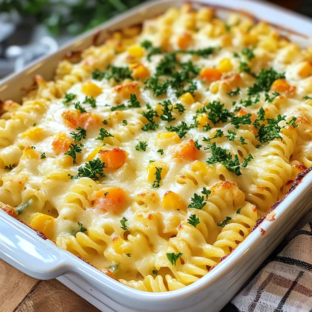 - 12 oz rotini pasta - 2 cups shredded cheddar cheese - 1 cup cream cheese, softened - 1 cup ranch dressing - 1 cup cooked chicken, shredded - 1 cup frozen mixed vegetables (peas, carrots, corn) - œ cup grated Parmesan cheese - 2 tablespoons olive oil - 1 teaspoon garlic powder - 1 teaspoon onion powder - Salt and pepper to taste - Fresh parsley for garnish Gathering the right ingredients is key for a great meal. First, you need 12 ounces of rotini pasta. This pasta shape holds the sauce well, making each bite tasty. Next, get 2 cups of shredded cheddar cheese. Cheddar brings a sharp, creamy flavor. Youâll also need 1 cup of softened cream cheese. This adds a rich, smooth texture that binds everything. Donât forget 1 cup of ranch dressing. It gives a zesty kick to the dish. If you want to add more protein, use 1 cup of cooked chicken, shredded. This makes the dish heartier. You can also throw in 1 cup of frozen mixed vegetables, like peas, carrots, and corn. These add color and nutrition. For seasonings, gather œ cup of grated Parmesan cheese. This cheese adds a nice salty flavor on top. You will need 2 tablespoons of olive oil to help blend the flavors. Add 1 teaspoon each of garlic powder and onion powder for extra depth. Finally, season with salt and pepper to taste. Fresh parsley makes a great garnish, adding a pop of color and freshness. {{ingredient_image_1}} - Preheat the oven to 350°F (175°C). - Cook the rotini in salted boiling water until al dente. Cooking the rotini is easy. Just boil water and add salt. Once the water is bubbling, add the pasta. Check the package for cooking time, but usually, it's about 8-10 minutes. You want it firm, not soft. Drain it well and set it aside. - Combine softened cream cheese, ranch dressing, olive oil, and seasonings. - Stir in cooked pasta, chicken, mixed vegetables, and cheddar cheese. In a big bowl, mix cream cheese and ranch dressing. Use a whisk or fork to blend until smooth. Add olive oil for a nice touch. Then, sprinkle in garlic powder, onion powder, salt, and pepper. Stir well. Next, toss in the cooked rotini, chicken, frozen veggies, and one cup of shredded cheddar cheese. Mix until every piece is coated. - Transfer mixture to a greased baking dish. - Top with remaining cheese and bake until bubbly. Now, grab a greased 9x13 inch baking dish. Pour the pasta mix into it. Spread it out evenly. Then, sprinkle the rest of the cheddar cheese and Parmesan on top. Bake for 25-30 minutes. Look for bubbly cheese and golden edges. This makes the dish warm and comforting. To get the best cheesy goodness, watch your baking time. Bake until the cheese melts perfectly. Remove it from the oven when it is bubbly and golden. Always taste your mix before you bake. This helps you adjust the seasoning as needed. Want it creamier? Add more cream cheese or ranch dressing to your mix. You can also put in extra cheese for a richer flavor. The more cheese, the better! For a fresher taste, make your own ranch dressing. It will add a special touch to your dish. You can also try adding fresh herbs or spices. This will give your meal a burst of flavor. Pro Tips Use Fresh Ingredients: Fresh or high-quality ingredients enhance the overall flavor of your dish, making it more delicious. Customize Your Veggies: Feel free to swap in your favorite vegetables or whatever you have on hand for a personalized touch. Make Ahead: Prepare the dish in advance and refrigerate it. Bake it just before serving for a quick and easy meal. Experiment with Cheese: Try using a mix of cheeses like mozzarella or pepper jack for a unique flavor profile. {{image_2}} You can easily make this dish vegetarian. Instead of chicken, use more mixed vegetables. Peas, corn, and carrots add great color and flavor. For the cheese, swap in plant-based cream cheese and ranch dressing. This keeps the dish creamy and delicious while catering to your dietary needs. If you want to change up the pasta, try using penne, fusilli, or shell pasta. Each type brings its own twist to the dish. You can even use gluten-free pasta for a gluten-free option. This way, everyone can enjoy this tasty meal. For those who crave a heartier meal, add cooked bacon or sausage. These meats give a rich taste to the bake. You can also mix in different cheeses like mozzarella or gouda. Each cheese adds a unique flavor and makes the dish even more appealing. Store any leftover Cheesy Ranch Rotini Bake in an airtight container. This helps keep it fresh. It tastes best when eaten within 3-5 days. Make sure to let it cool before sealing. You can freeze this dish before baking it. Just cover the dish tightly with foil. When you are ready to enjoy it, let it thaw in the fridge overnight. Bake it as directed for a warm, cheesy meal. When reheating, use a microwave or oven. Both work well for even heating. If it looks dry, add a splash of milk. This keeps the creaminess that makes it so tasty. Yes, preparation can be done a day in advance. You can cook the pasta and mix the ingredients. Just store it in the fridge. When you are ready to eat, bake it as directed. This saves time and makes dinner easier. Try using blue cheese dressing or a homemade herb mix. If you enjoy making your own dressings, mix Greek yogurt with herbs. This gives a fresh taste and works well with the dish. Cook rotini until al dente as indicated on the package. This means the pasta should be firm when you bite into it. If you overcook it, the pasta can become mushy in the bake. Yes, use dairy-free cheese and cream cheese alternatives. Many brands offer great substitutes now. This way, everyone can enjoy this tasty dish, even those who avoid dairy. To sum up, this Cheesy Ranch Rotini Bake is simple and tasty. You need rotini, cheeses, and ranch dressing, plus some optional add-ins. Follow the steps to mix it all and bake. Remember, you can personalize it with spices or extra veggies. If you have leftovers, store them right for best taste. This dish is flexible and perfect for busy days or special meals. Enjoy creating your own twist on this classic!